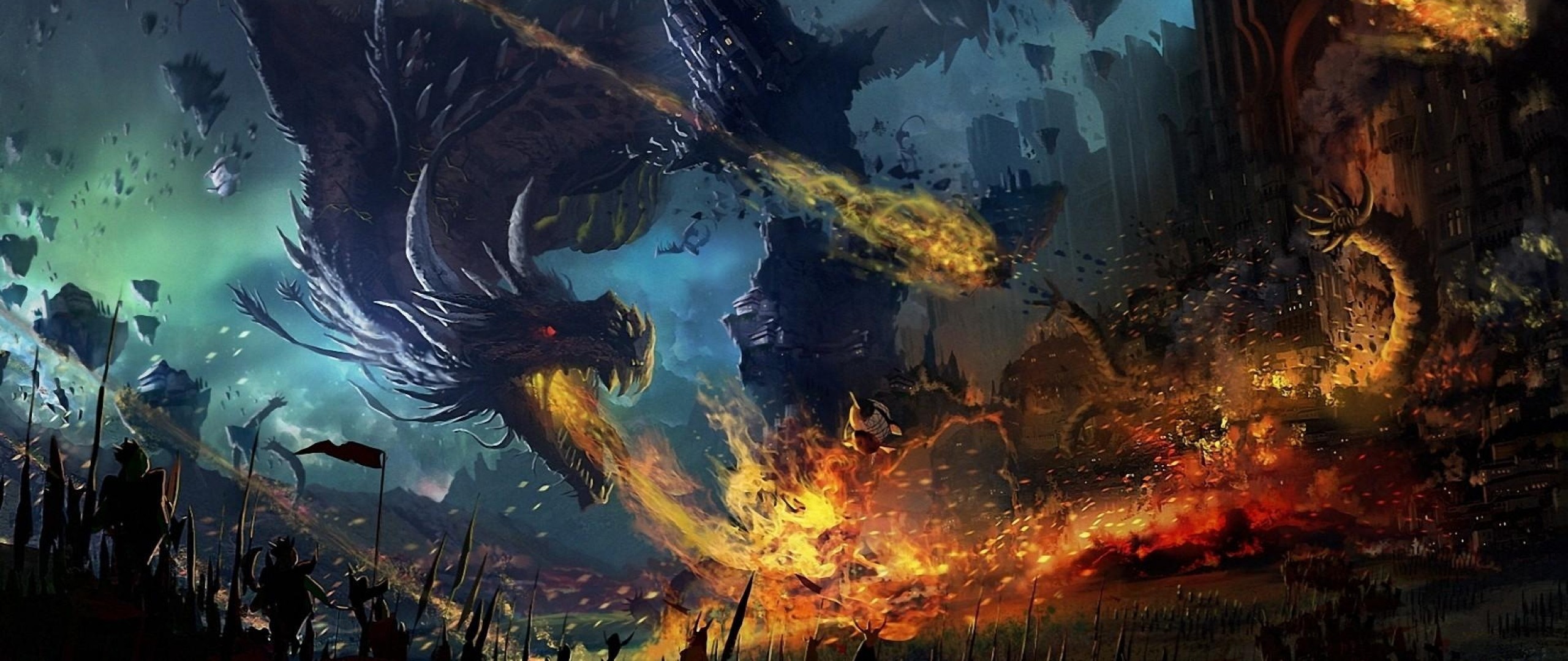 Preview wallpaper dragon, fall, fire, flame, war, battle 2560×1080