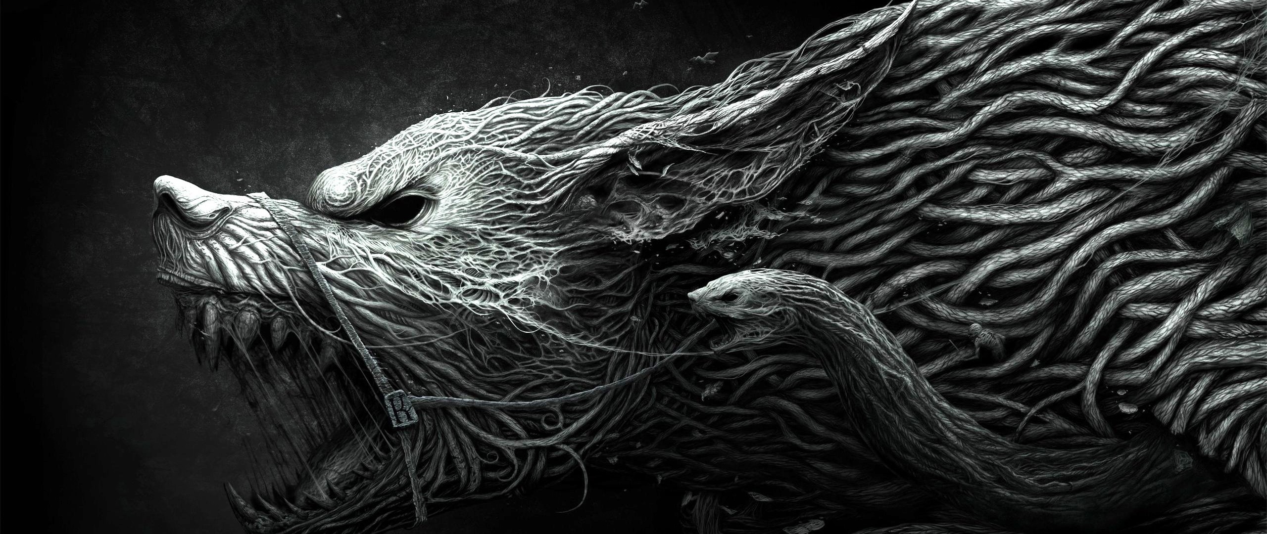Preview wallpaper wolf, teeth, drawing, aggression, black, white 2560×1080