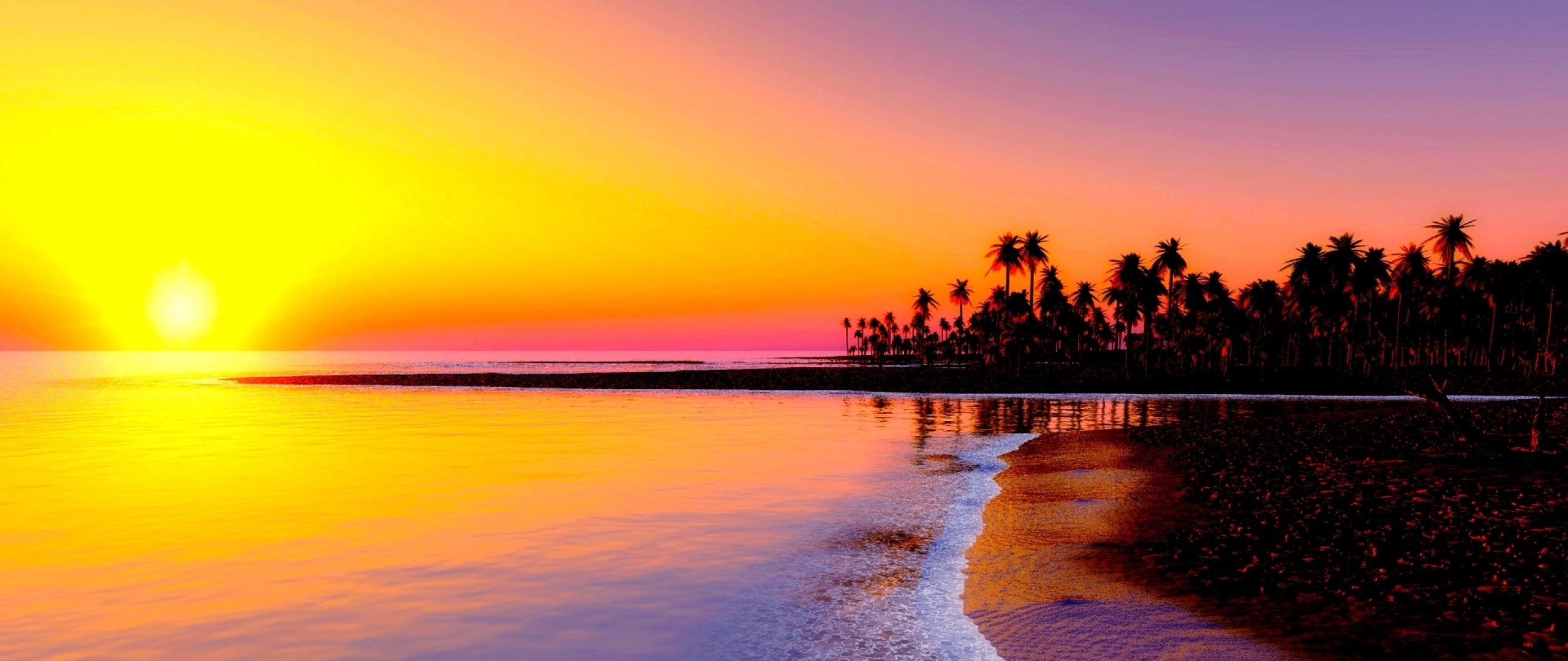 Preview wallpaper beach, tropics, sea, sand, palm trees, sunset 2560×1080