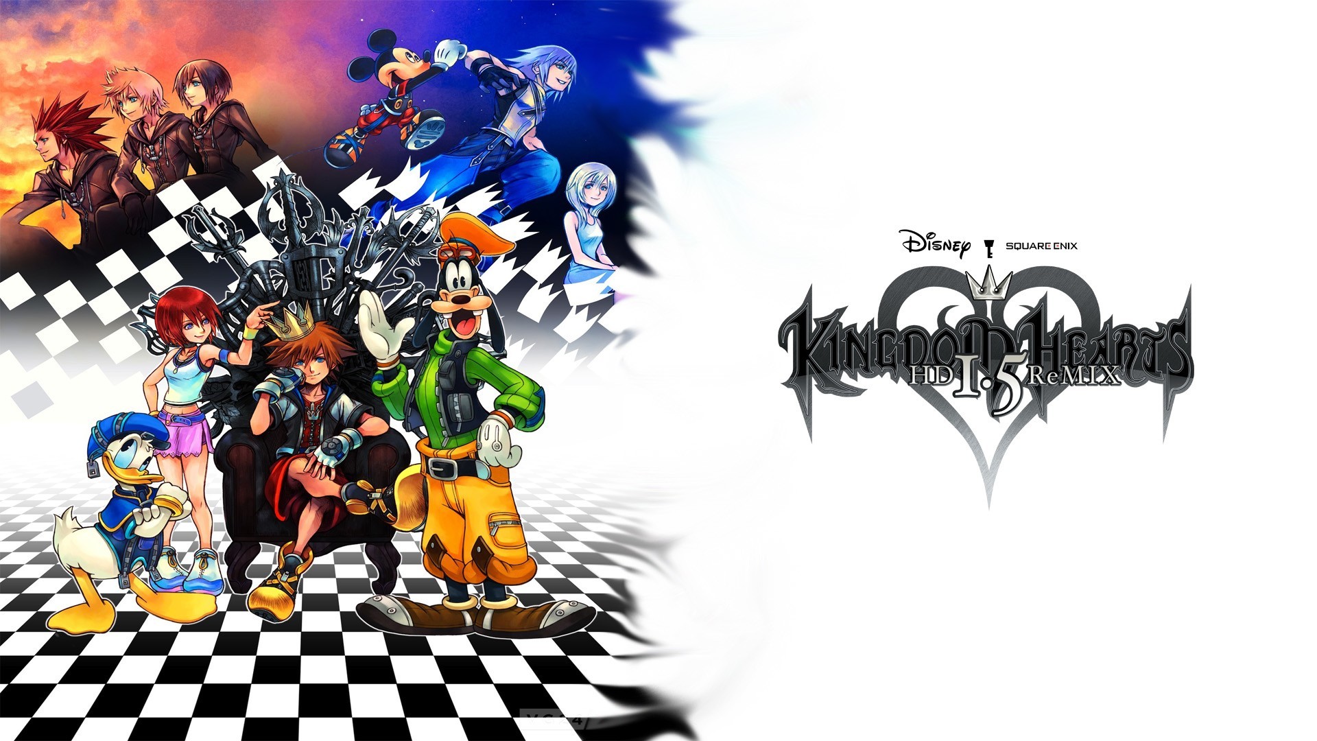 Oficial wallpaper Kingdom Hearts HD I.5 ReMIX Sora, Kairi, Riku, Donal, Goofy, Mickey, Namine, Xion, Roxas and Axel Kingdom Hearts HD I.5 ReMIX