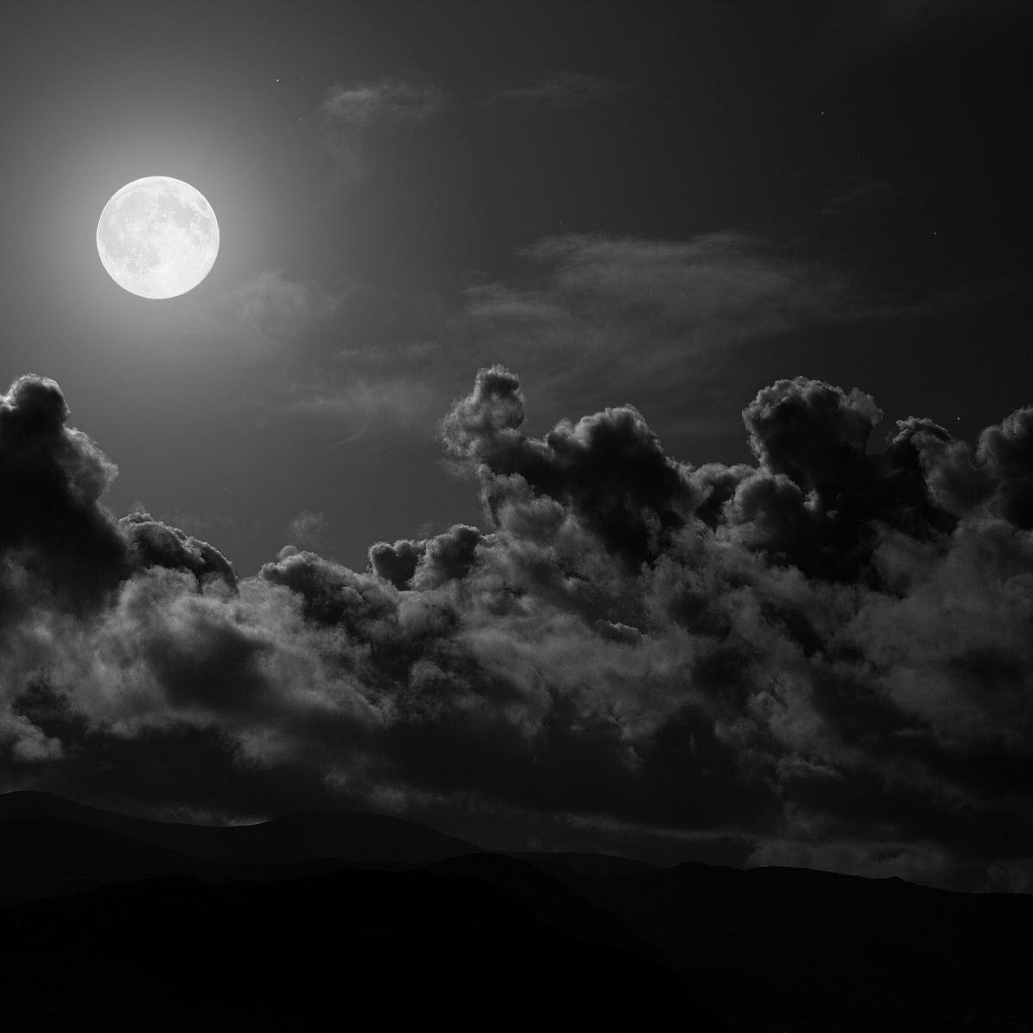 Preview wallpaper moon, clouds, sky, black and white 2048×2048