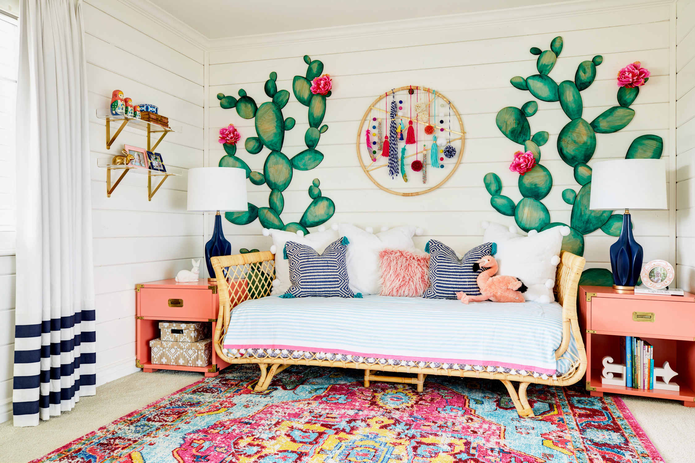 Boho Girls Room with Cactus Accent Wall and Modern Colorful Dreamcatcher