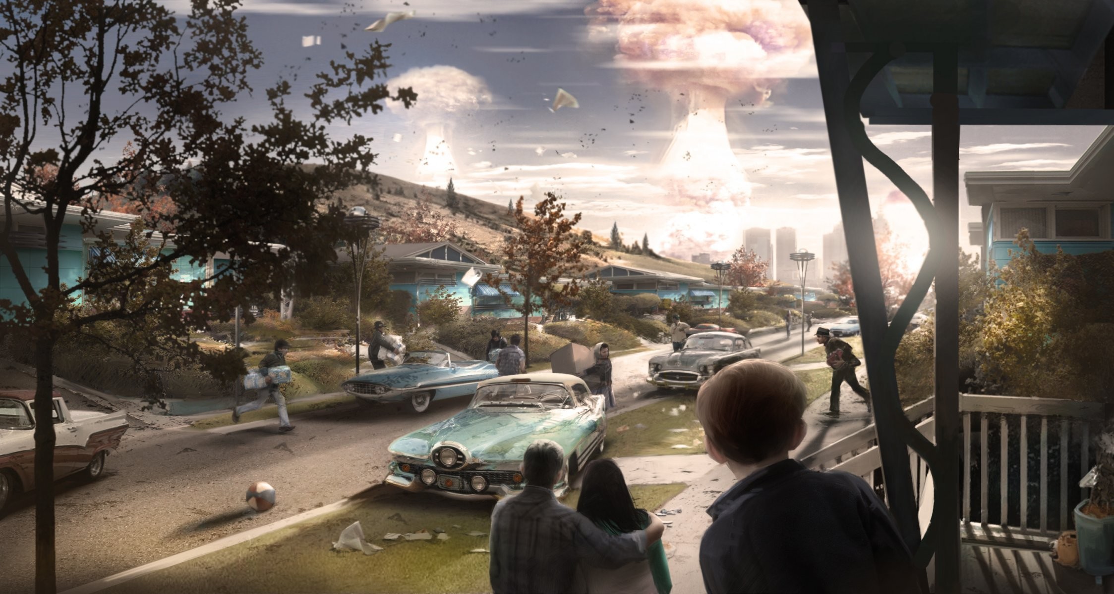Nuclear explosion explosion town street house machinery people panic fallout 4 concept fallout concept art bethesda