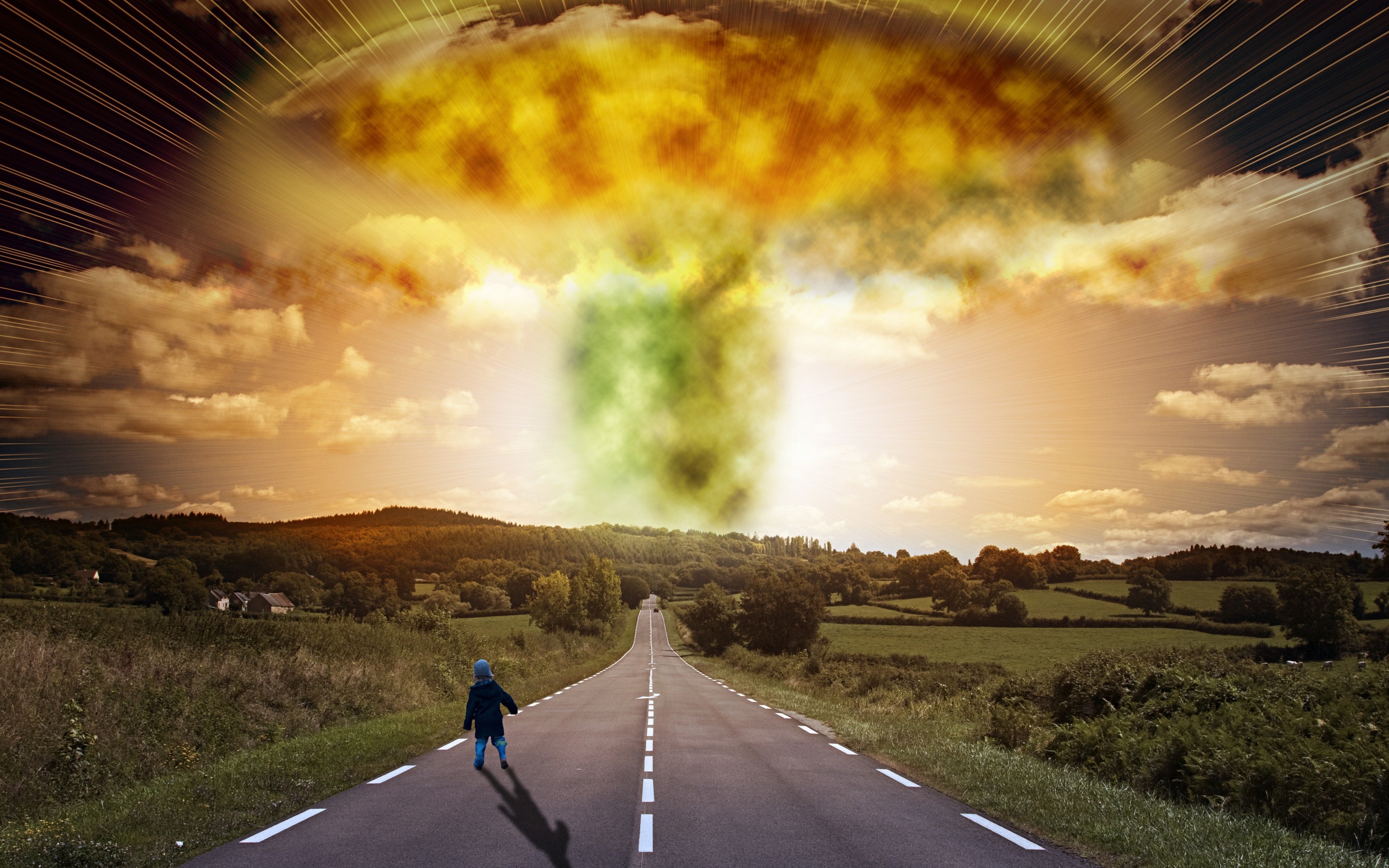 Road child explosion apocalypse signs houses trees apocalyptic nuclear radiation bomb wallpaper