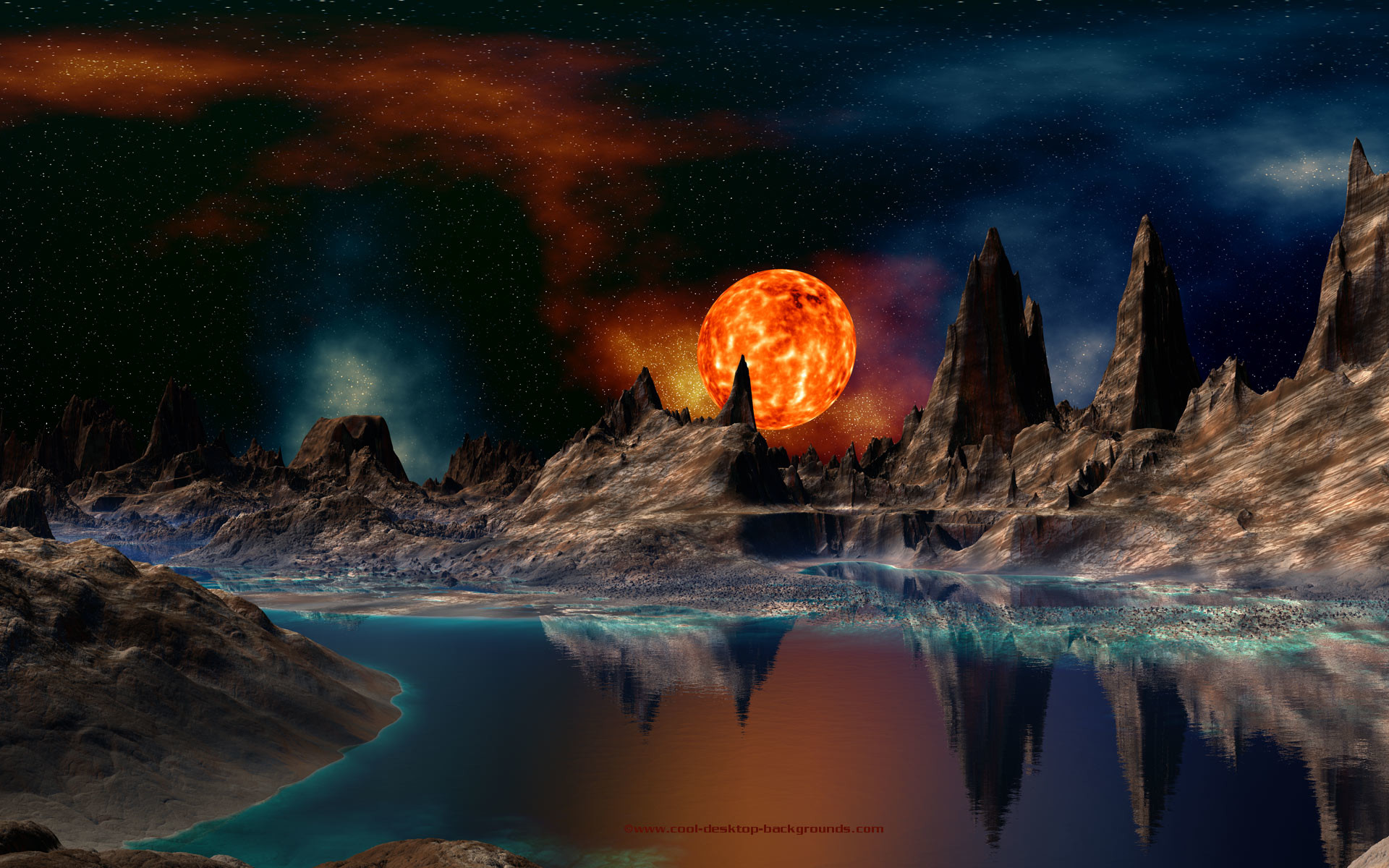 Space background of a red giant sun setting over a rocky alien planet. Scifi space background for use as your computers desktop wallpaper