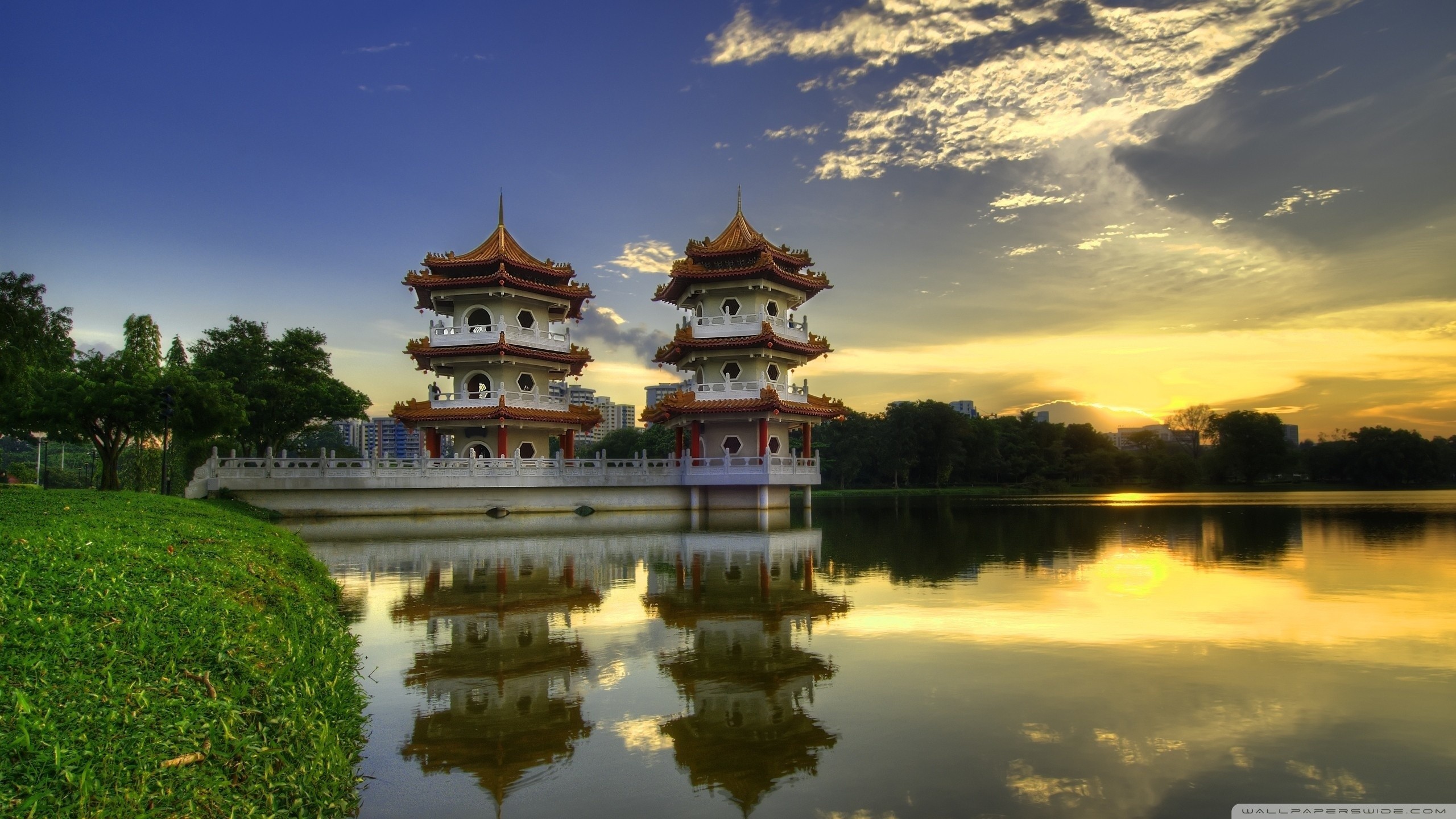 General architecture nature landscape trees forest Asian architecture Singapore pagoda lake grass water reflection clouds