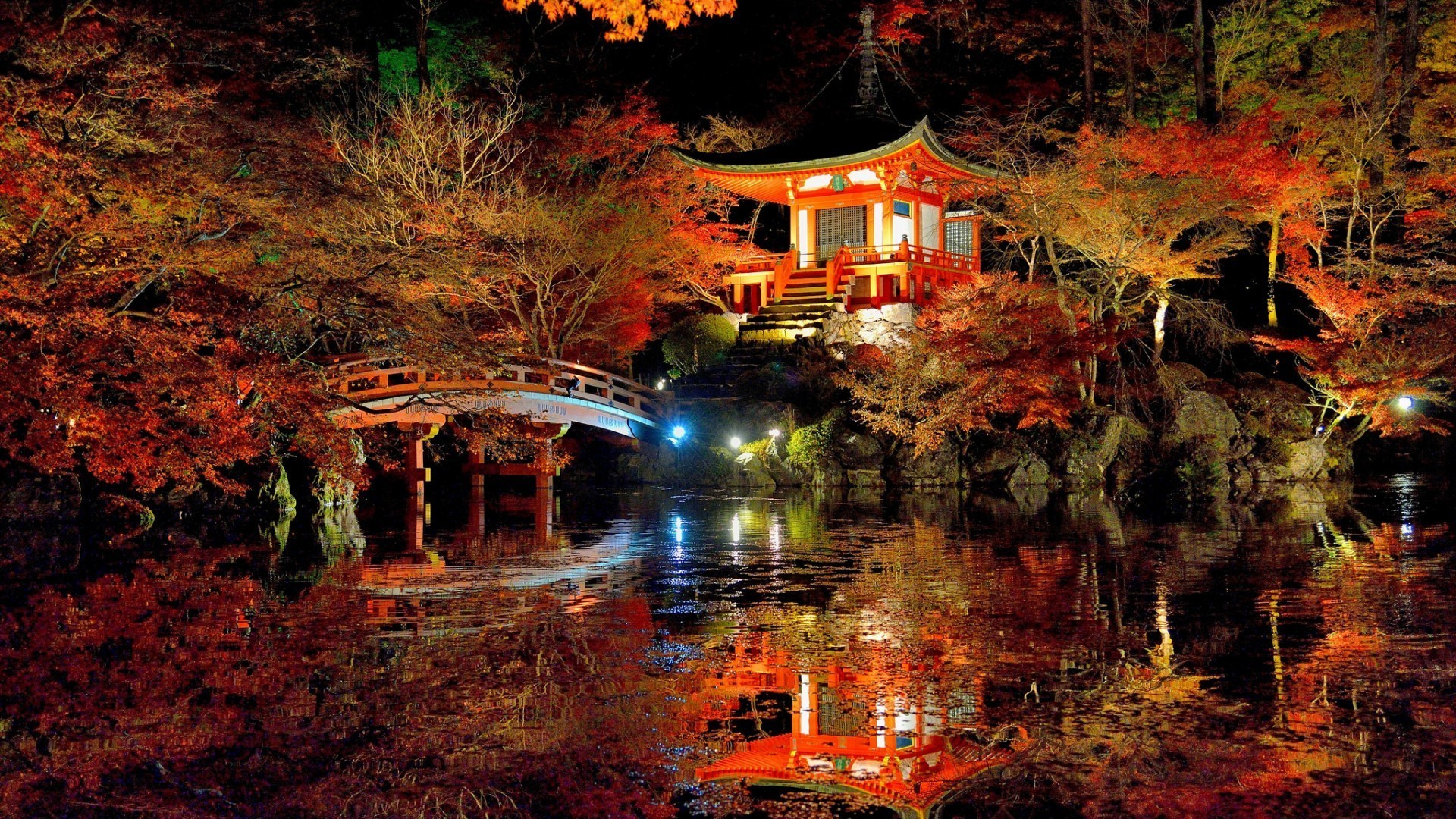 Nature, Trees, Forest, Leaves, Fall, Branch, Japan, Bridge, Night, Asian Architecture, Lights, Lake, Water, Rock, Reflection, Stairs Wallpapers HD / Desktop