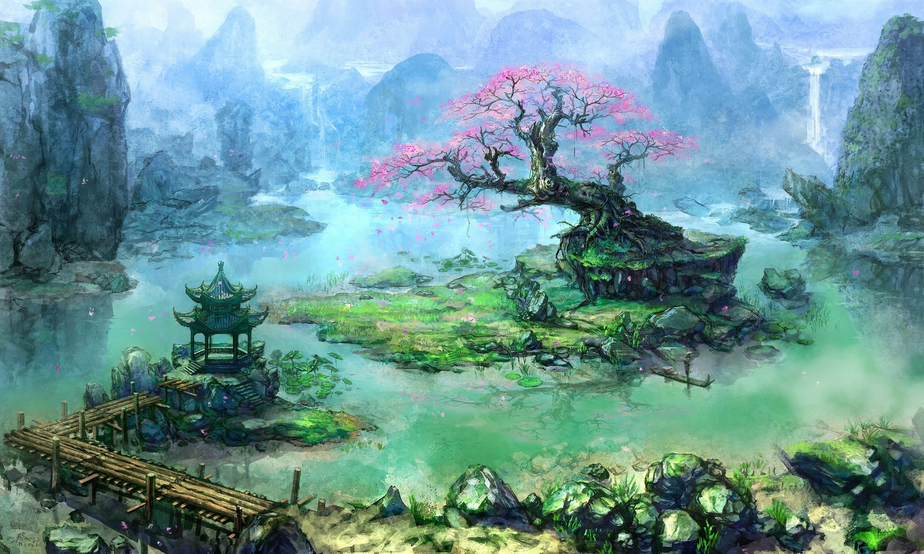 artwork, Fantasy Art, Trees, Asian Architecture, Bonsai, Waterfall, River,  Pier Wallpapers HD / Desktop and Mobile Backgrounds