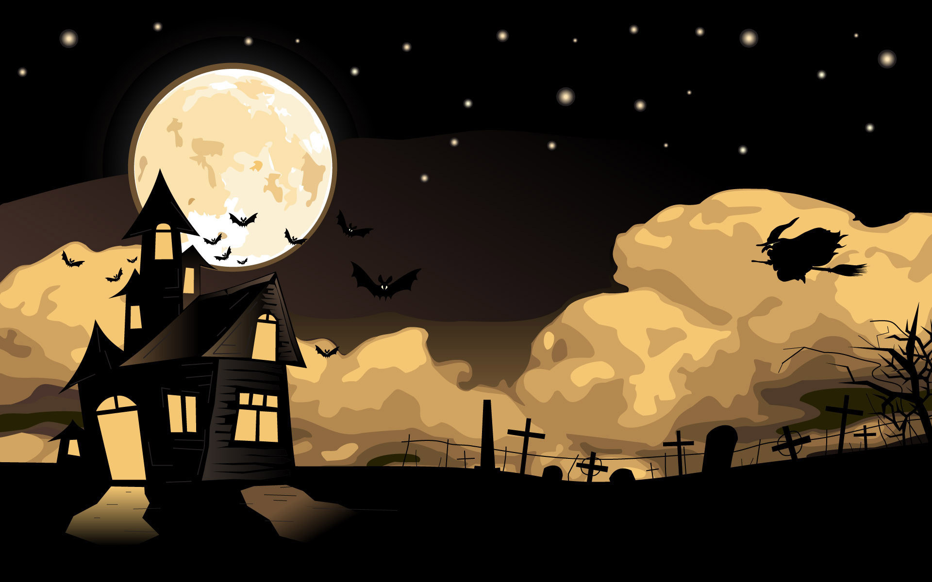 Happy halloween witch riding a broom coming home on a moonlit night cemetery bats star vector