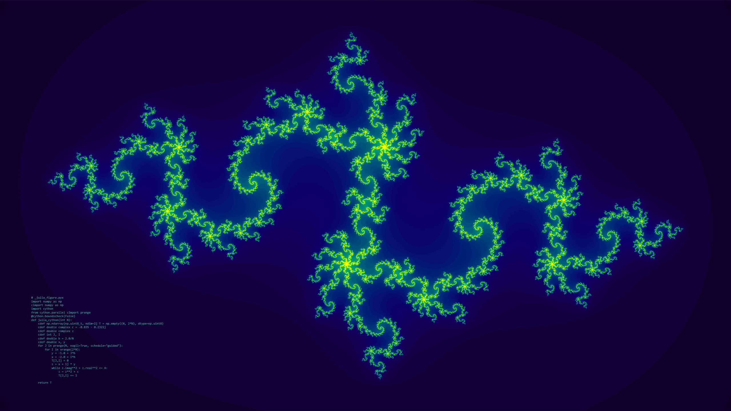 Julia fractal wallpaper including the parallel Cython code used to generate it