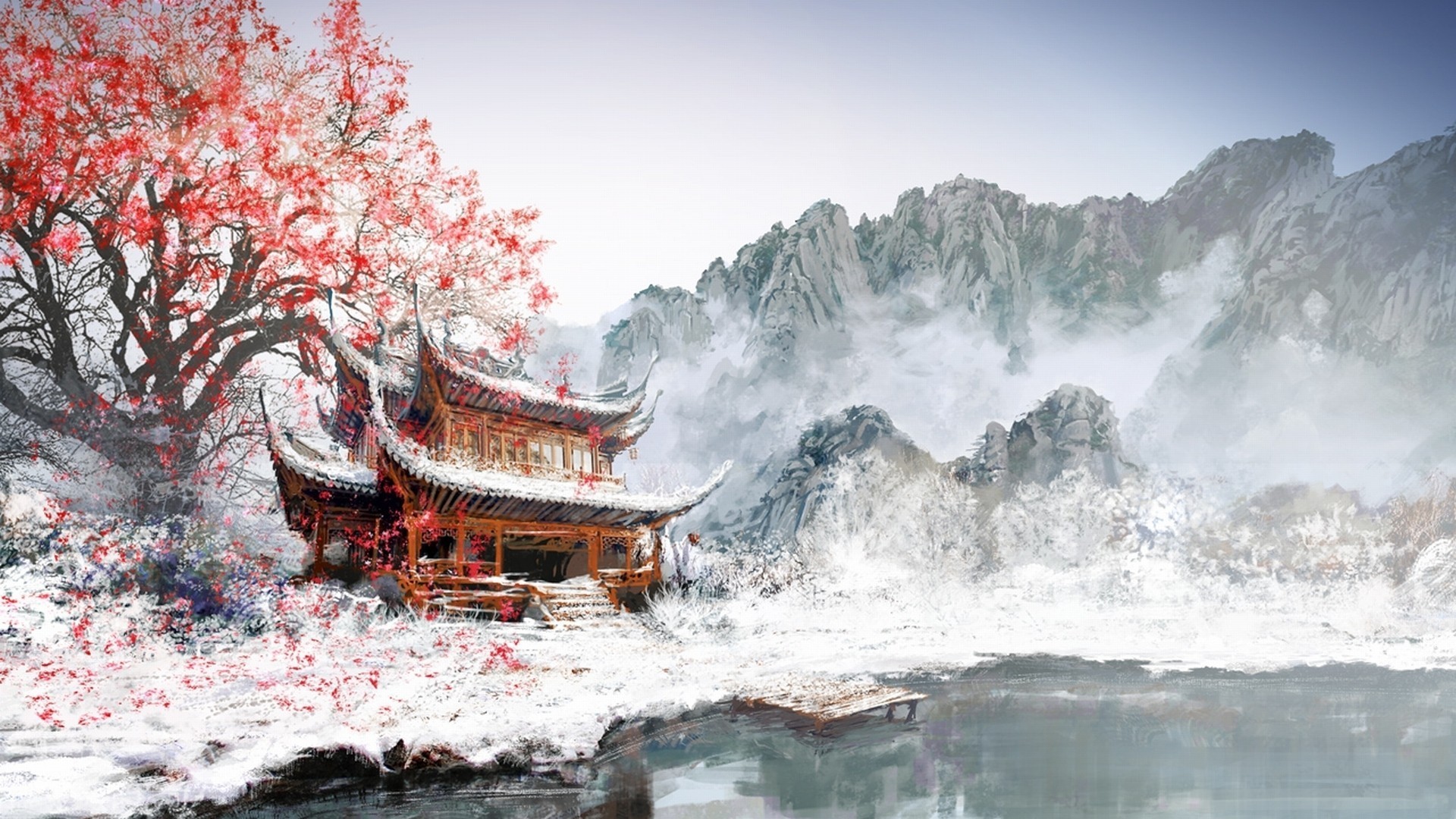 Paintings Japan Winter White Snow Mountains Cherry Blossom