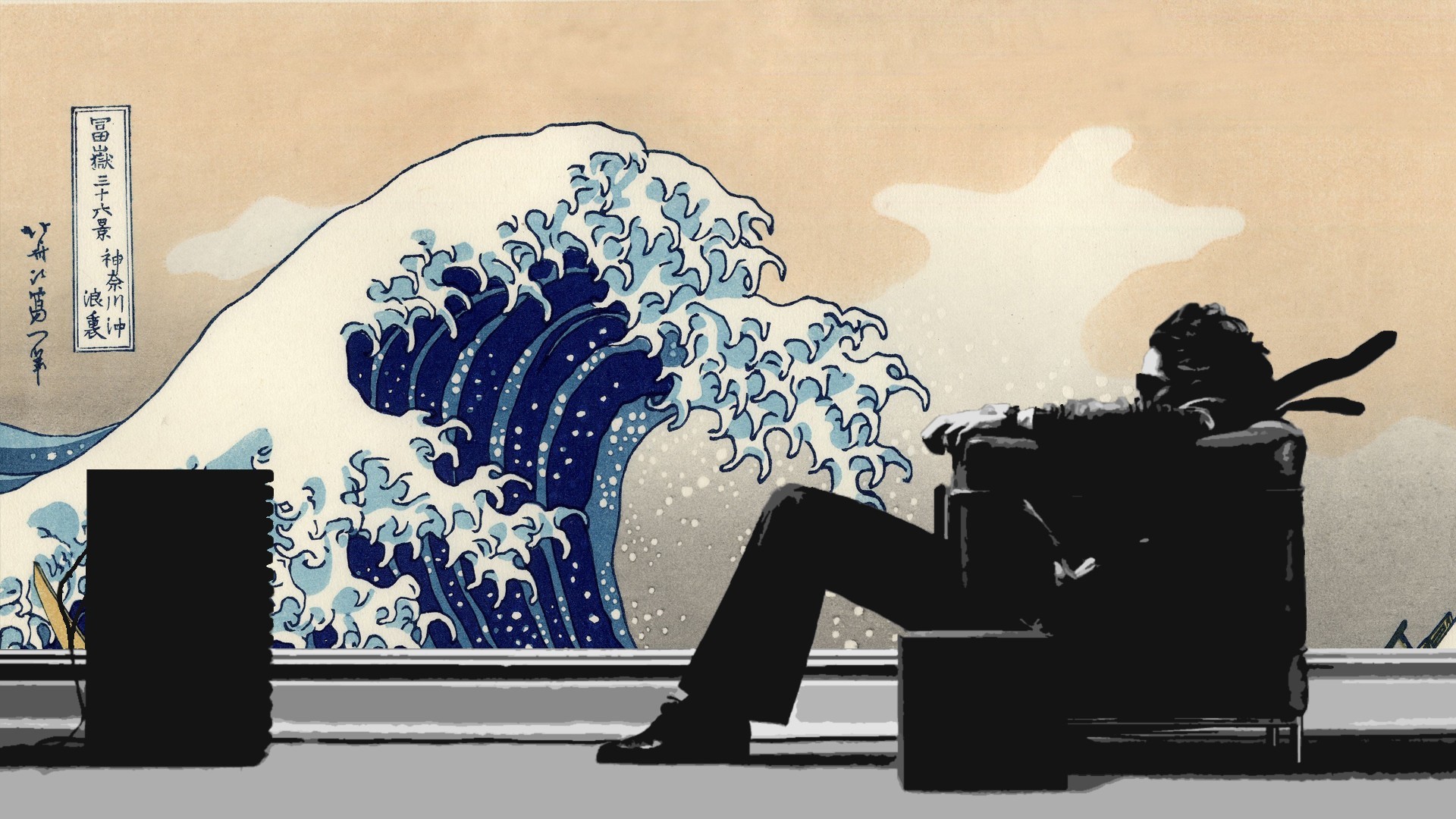 Japanese chairs artwork Maxell The Great Wave off Kanagawa wallpaper