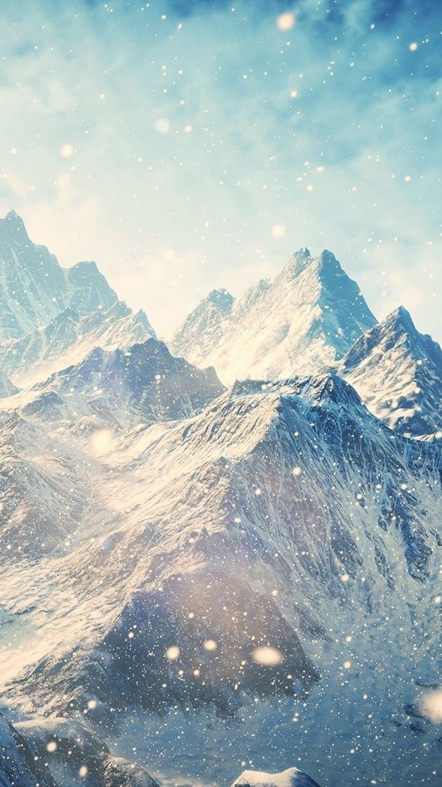 Preview wallpaper skyrim, mountains, winter, snow, shine, glare 1440×2560