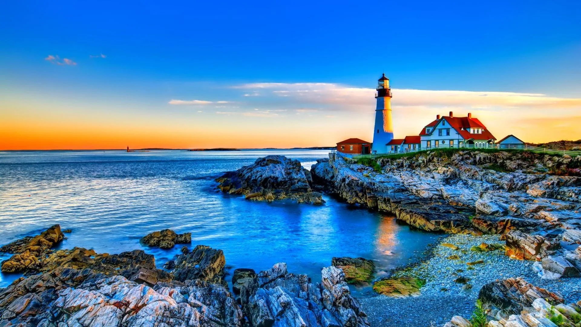 Gorgeous Lighthouse On A Rocky Shore Hdr HD Desktop Background wallpaper free