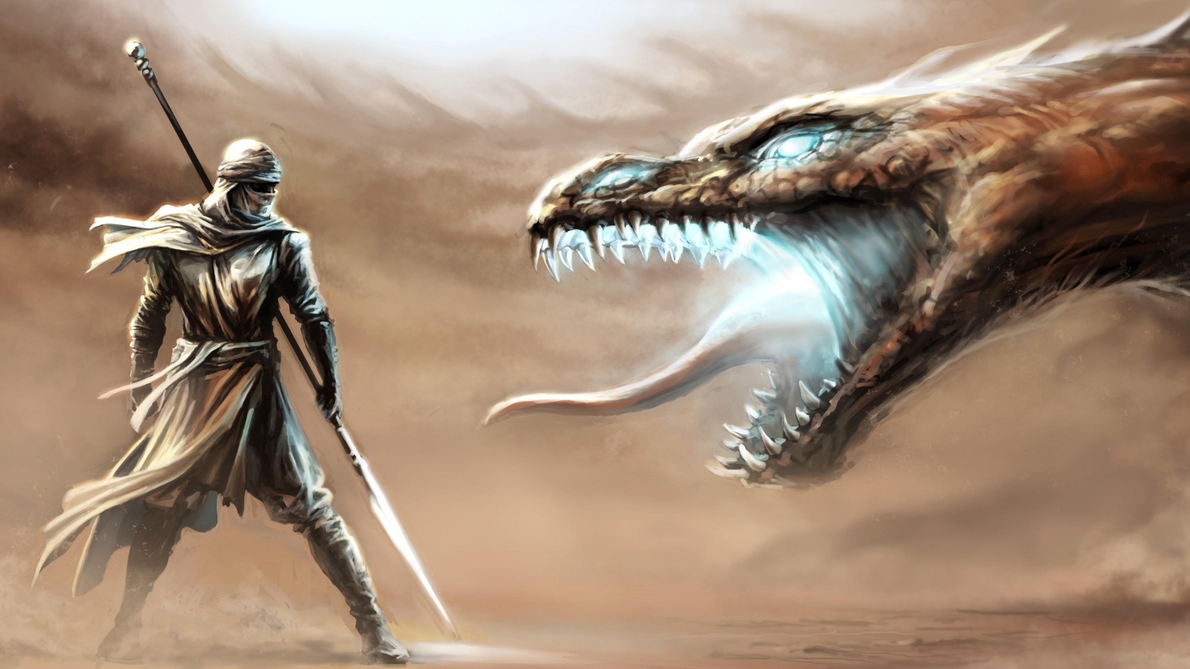 Preview wallpaper dragon, mouth, warrior, weapon 3840×2160