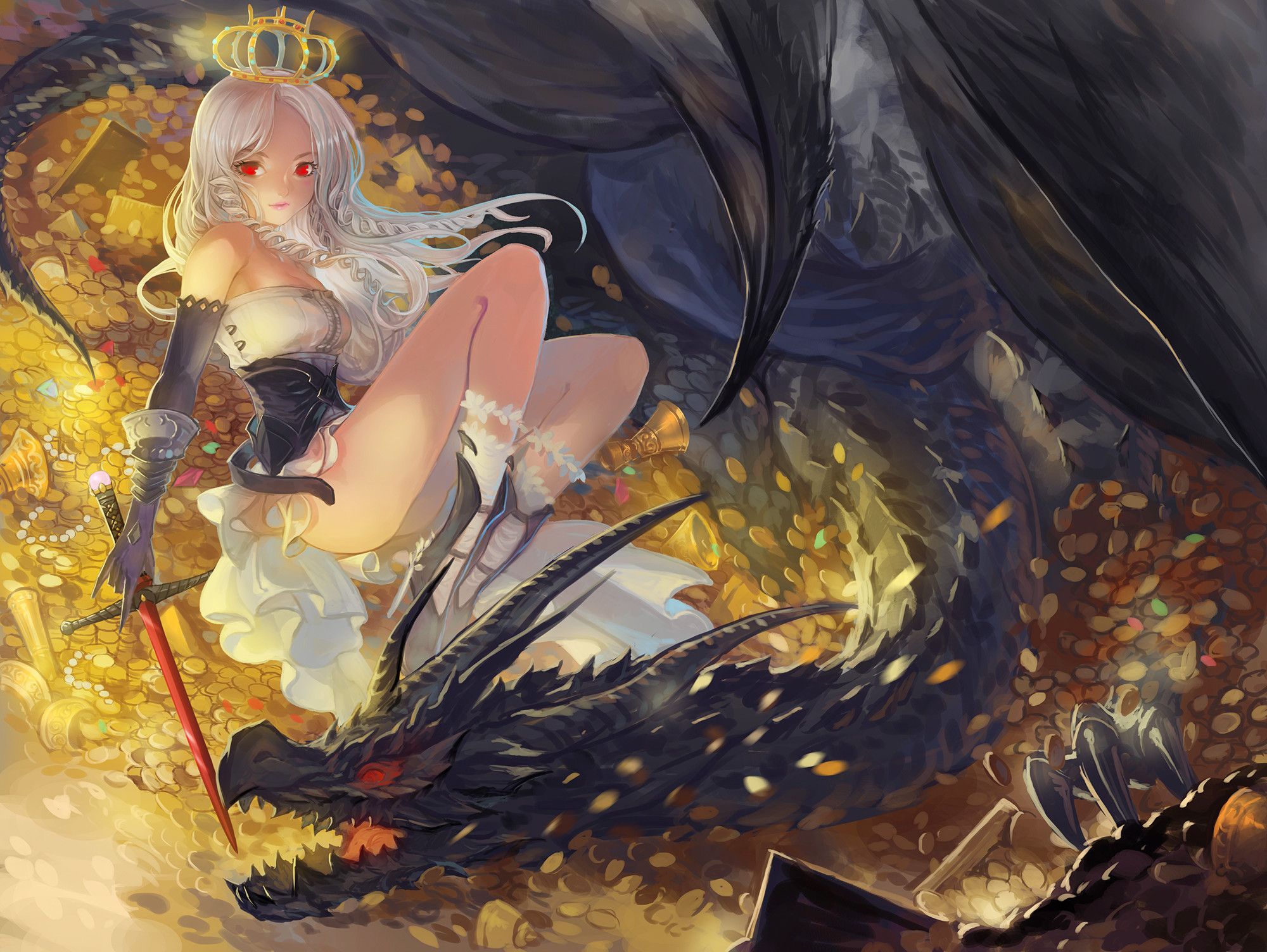 Anime – Pixiv Fantasia Girl Long Hair White Hair Fantasy Dragon Red Eyes Dagger Weapon Treasure