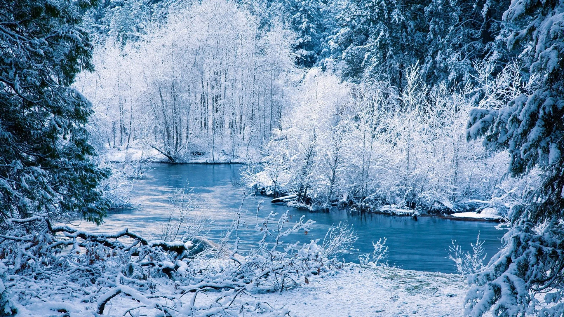 Winter, river, snow