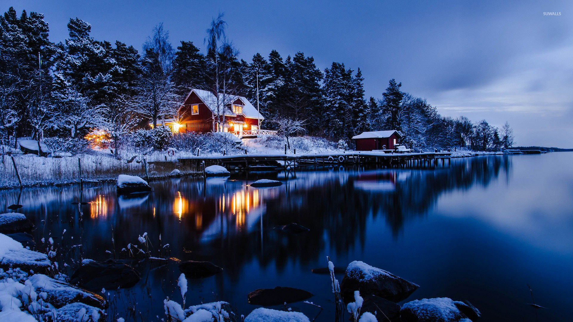 Lakeside winter cabin wallpaper jpg