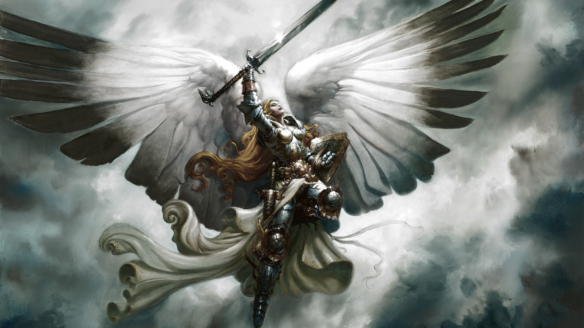 Preview wallpaper angel, wings, sword, flying, sky, art 1920×1080