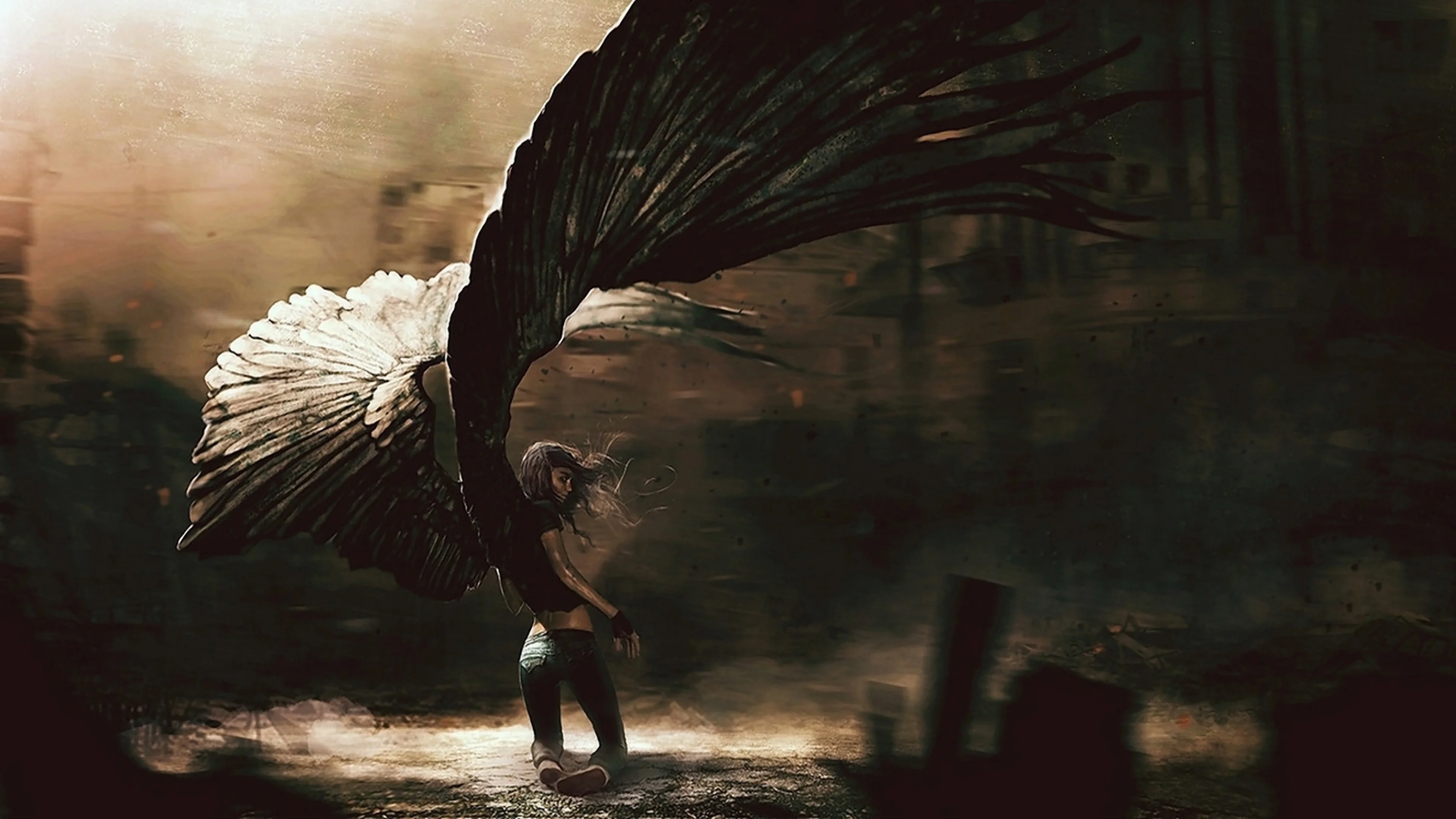 Preview wallpaper angel, girl, fallen, wings 3840×2160