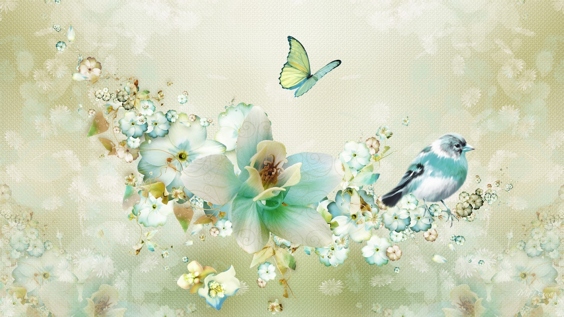 Artistic – Spring Artistic Collage Vintage Retro Blue Bird Butterfly Flower Wallpaper