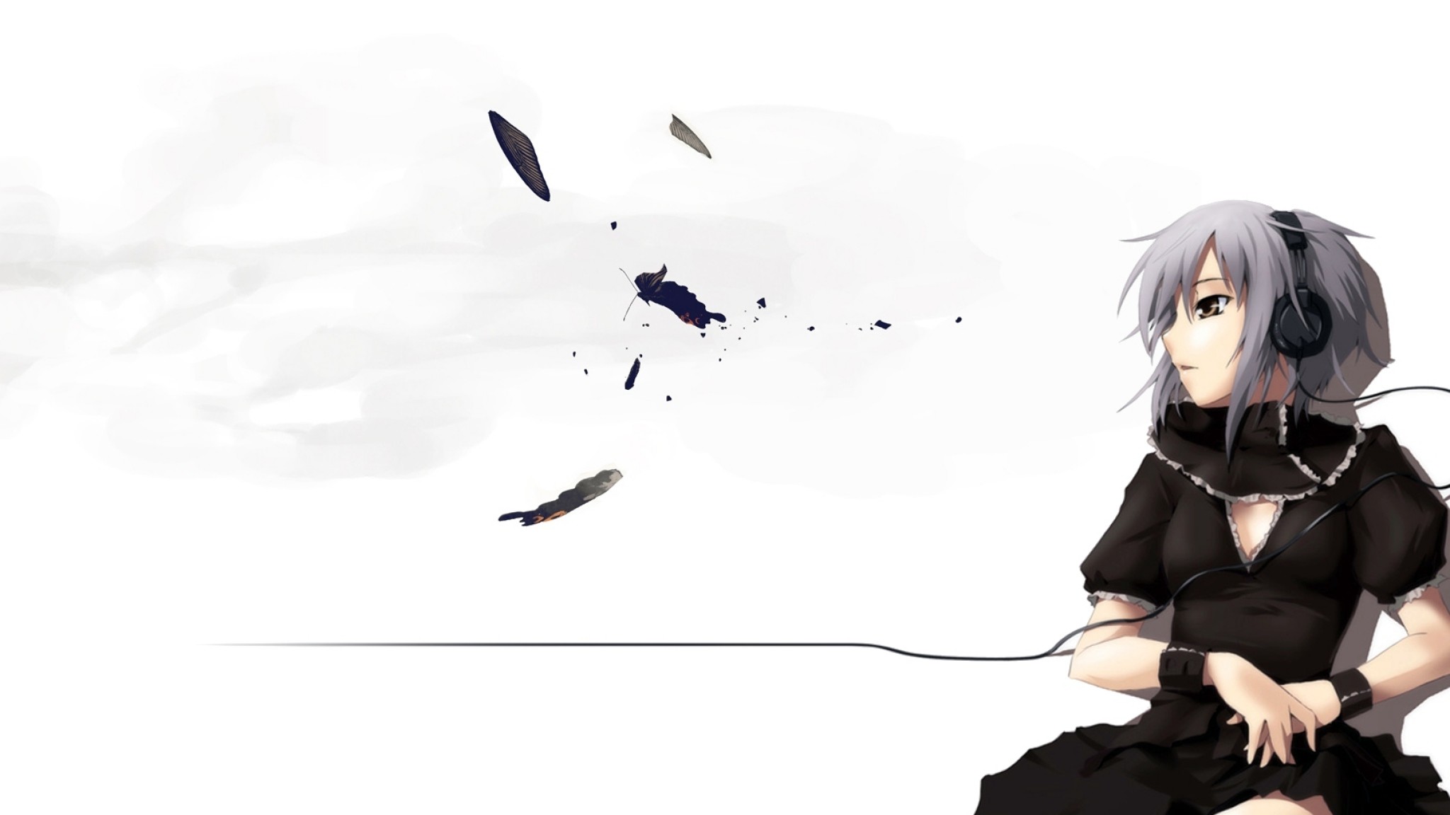 Wallpaper anime, girl, headphones, cables, background, pose