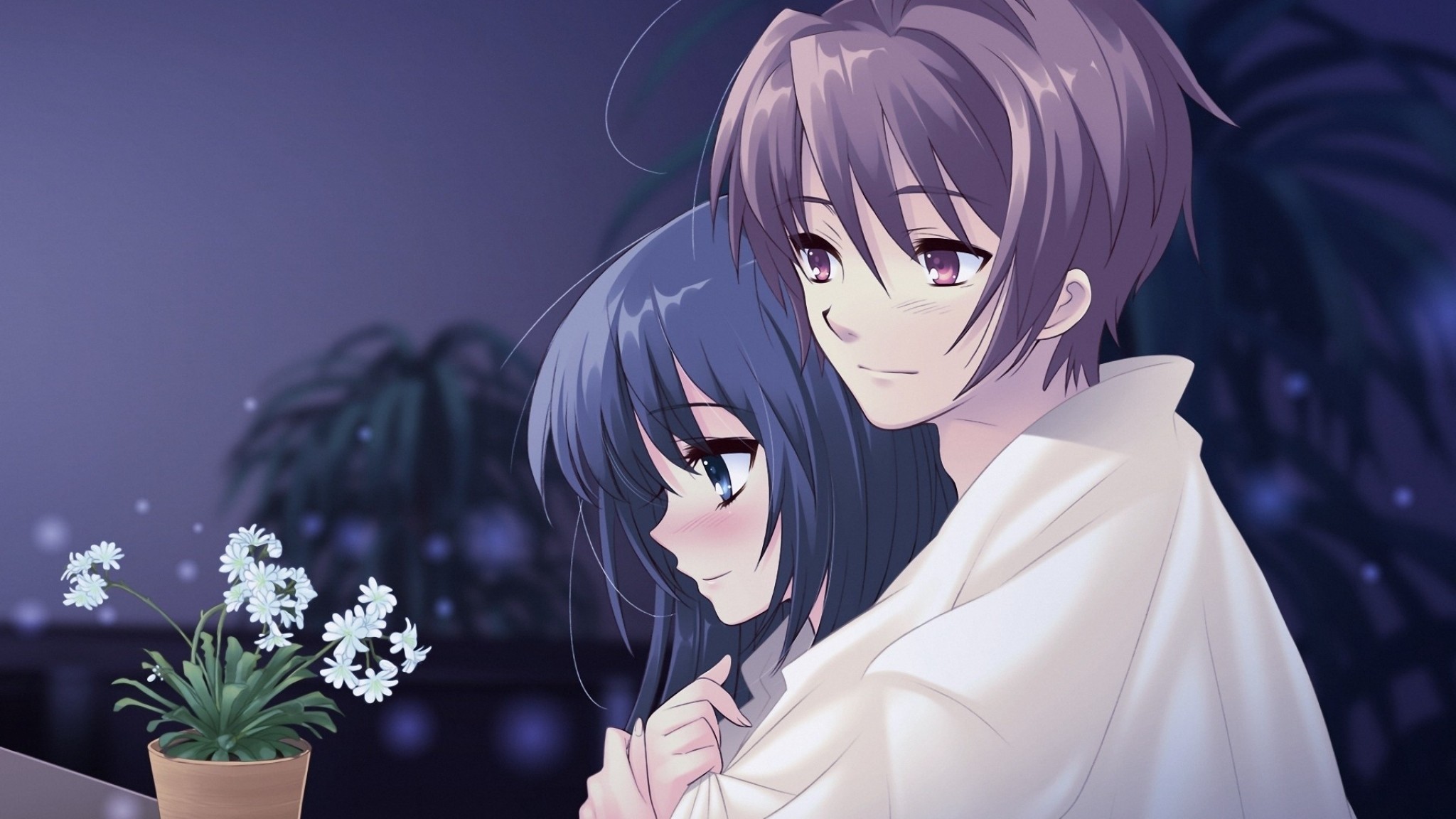 Preview wallpaper anime, boy, girl, pot, flower, hug, tenderness 2048×1152