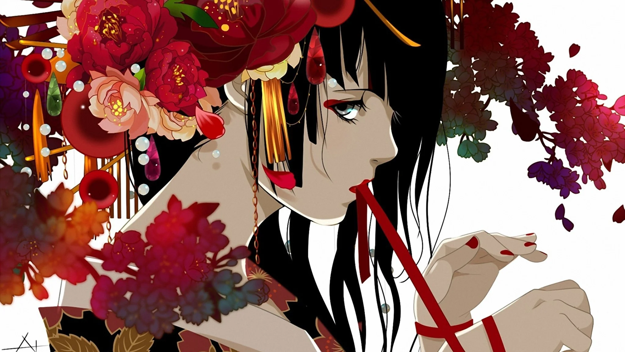 Wallpapers Anime Girls Flowers Painting Art 2048×1152