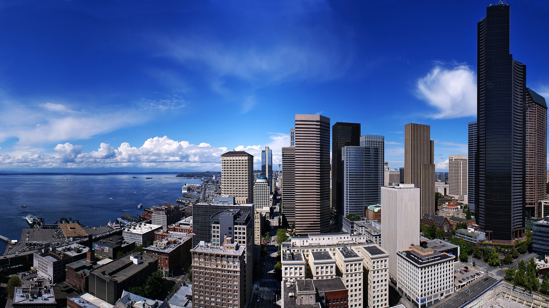 Seattle business center skyscraper aerial view