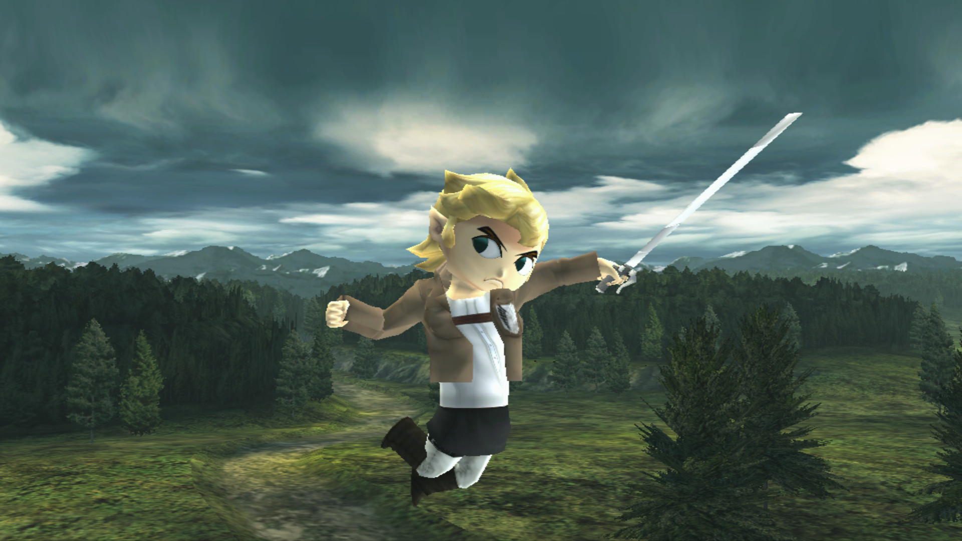 Toon Link wearing the Scouting Legion outfit from Attack on Titan. Has versions with and without 3D Maneuver Gear