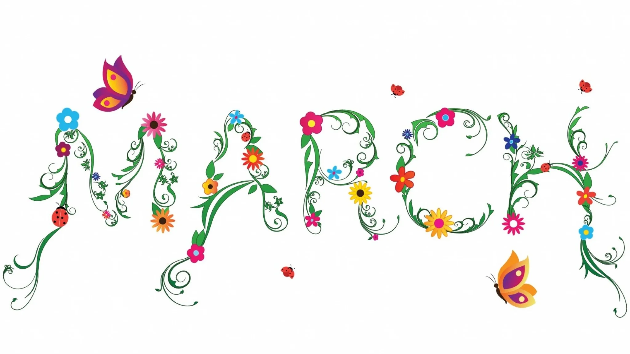 Preview wallpaper march, flowers, spring, patterns, butterflies 2048×1152