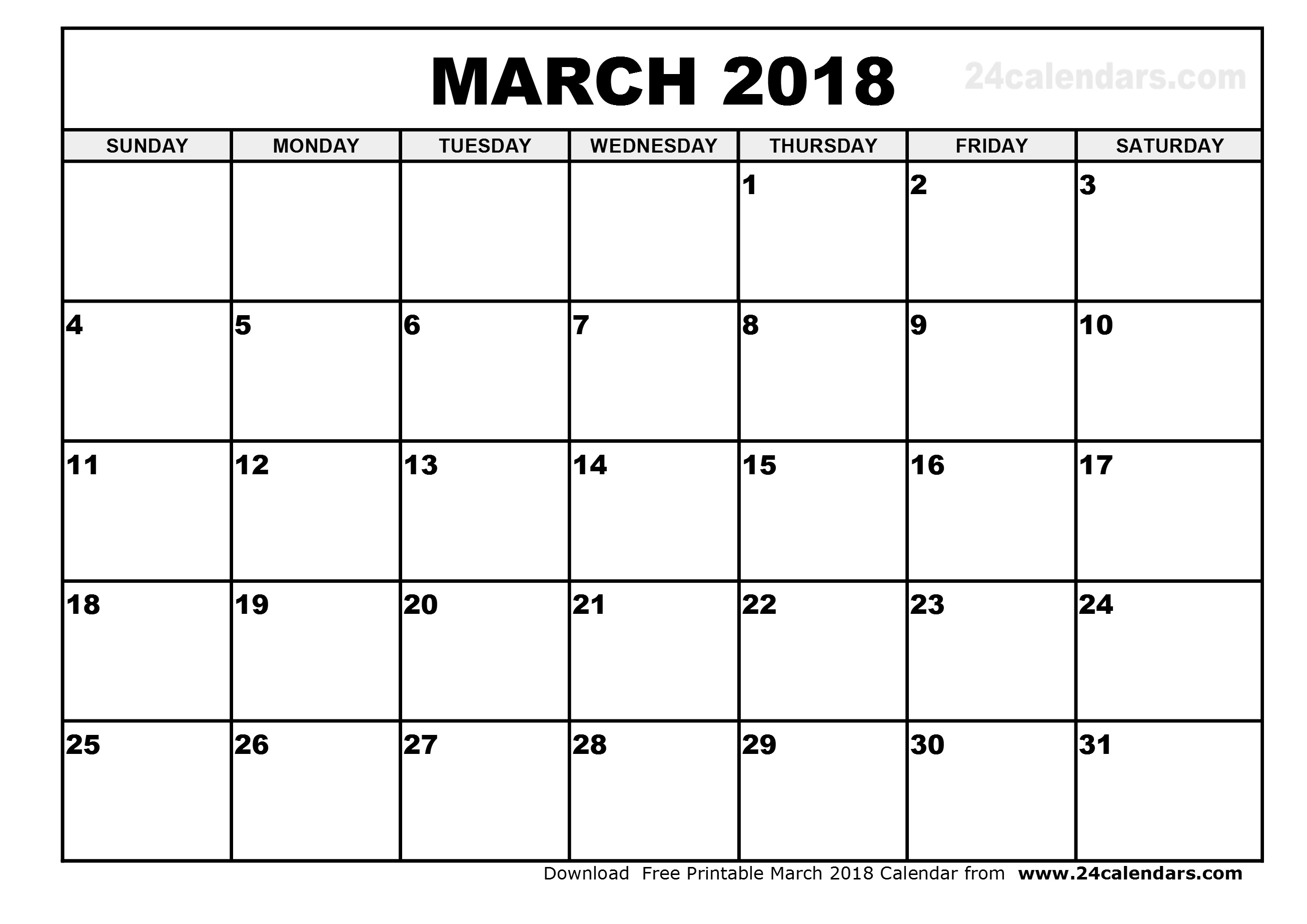 March 2018 Calendar Printable