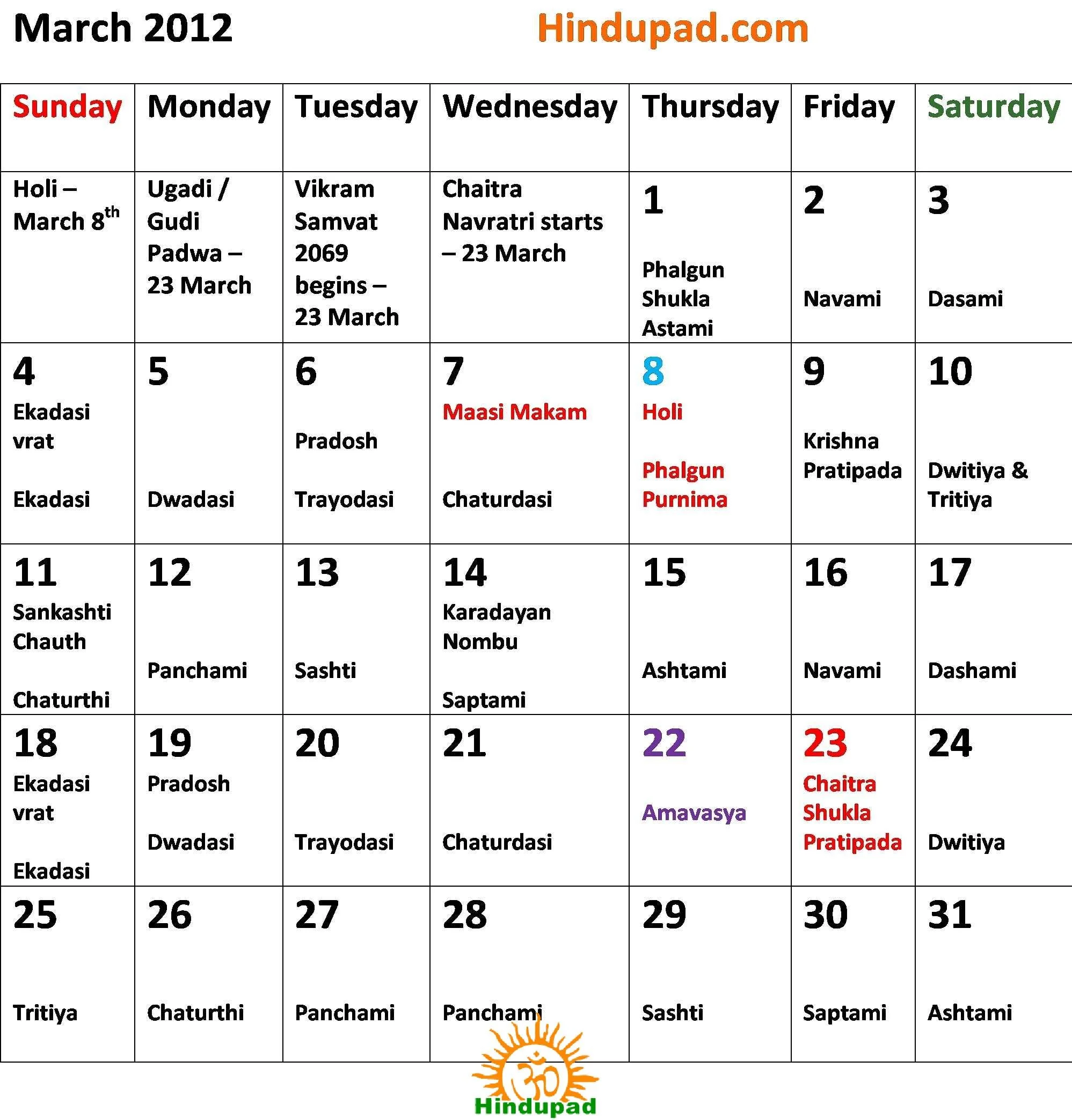 Click here to Download the Hindu Calendar March