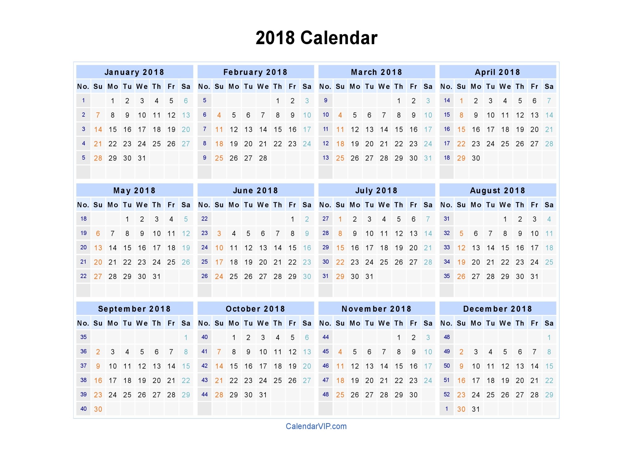 2018 Calendar Word