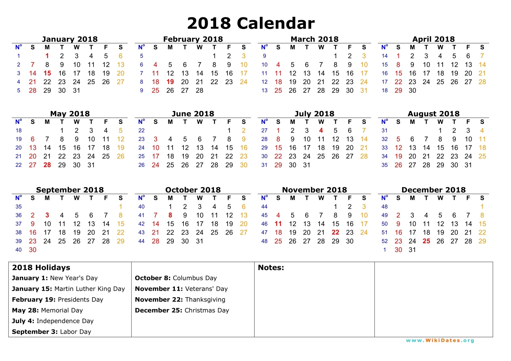 January 2018 Calendar Template