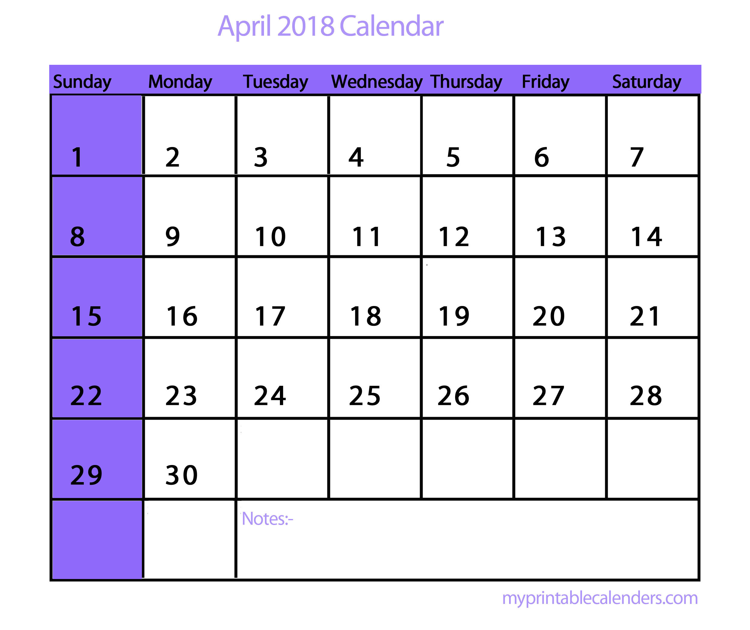 April 2018 calendar