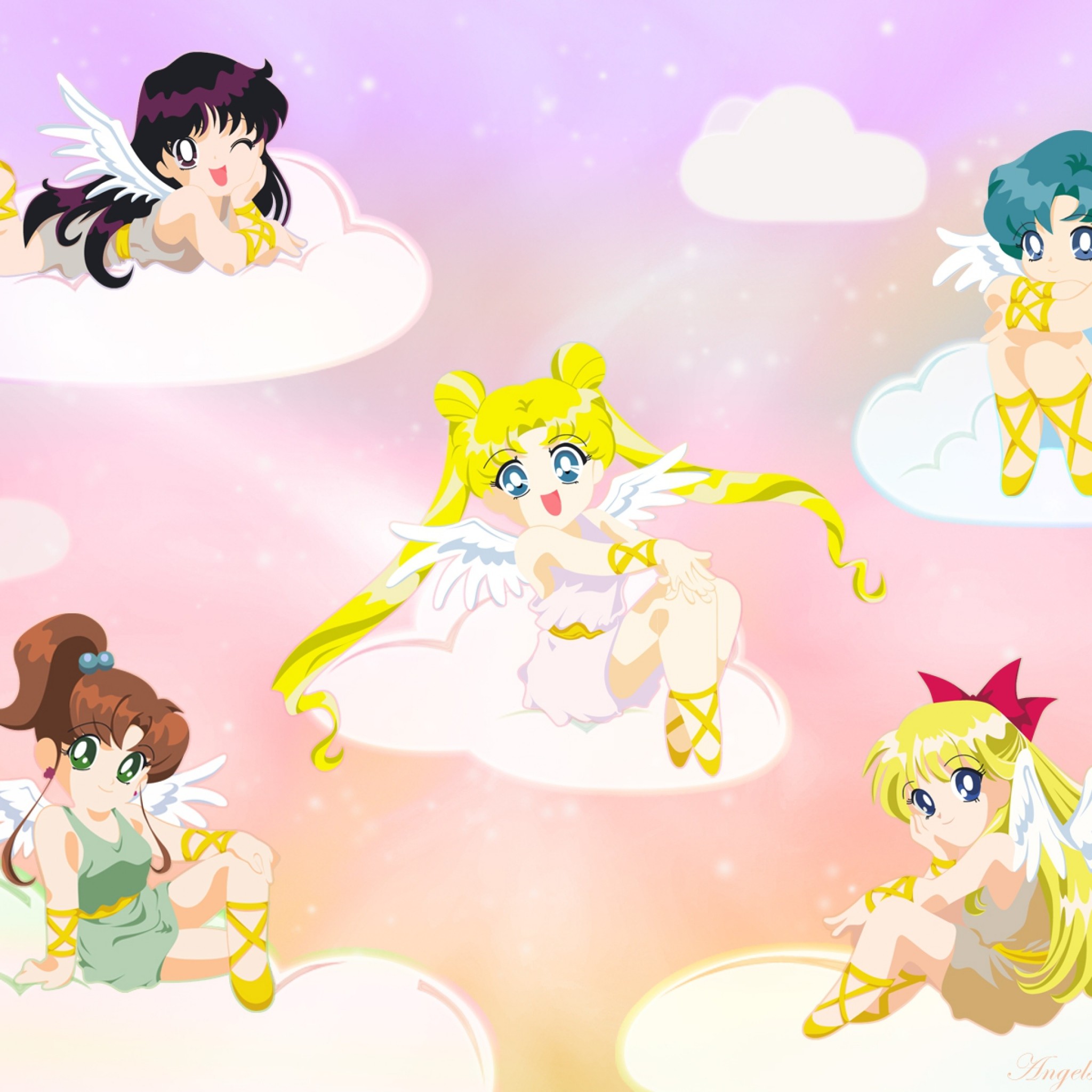 Preview wallpaper sailor moon, girls, clouds, smiles, angels, wings 2048×2048