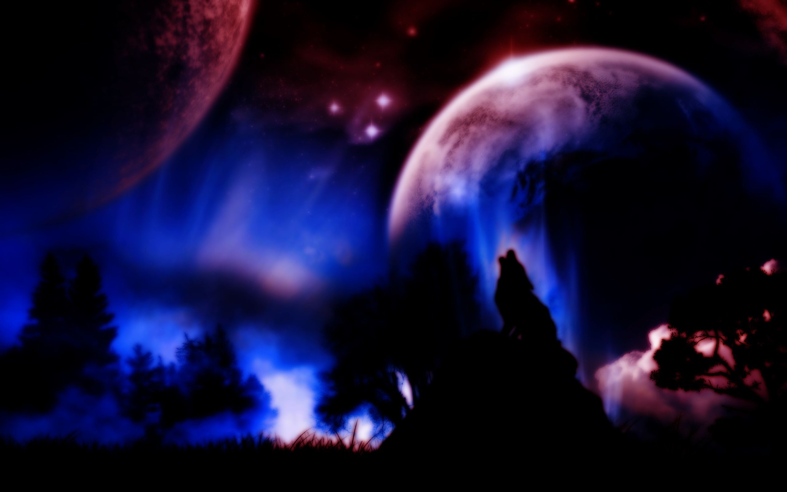 Wolf howling at the moon, planet, night, fantasy, HD