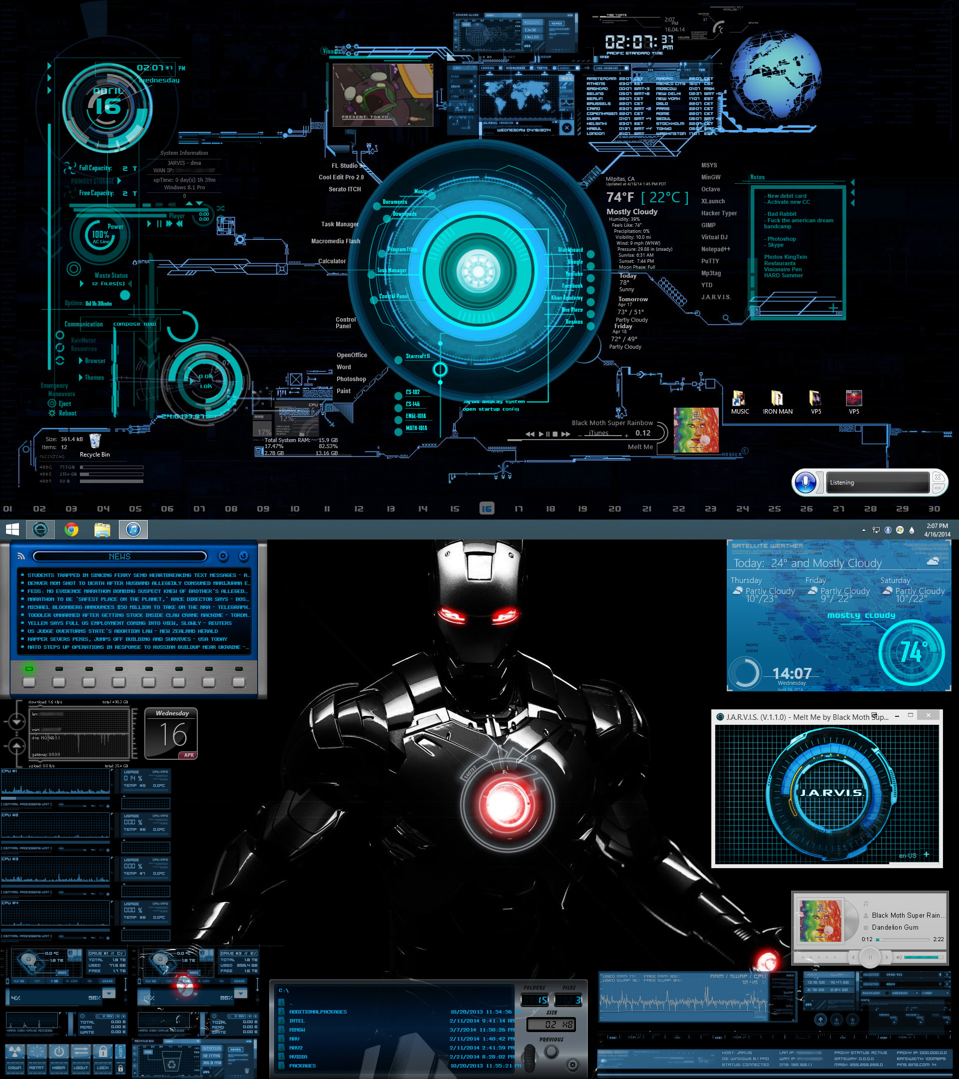 Second Screenshot Desktop with just Rainmeter, iTunes, and J.A.R.V.I.S. running