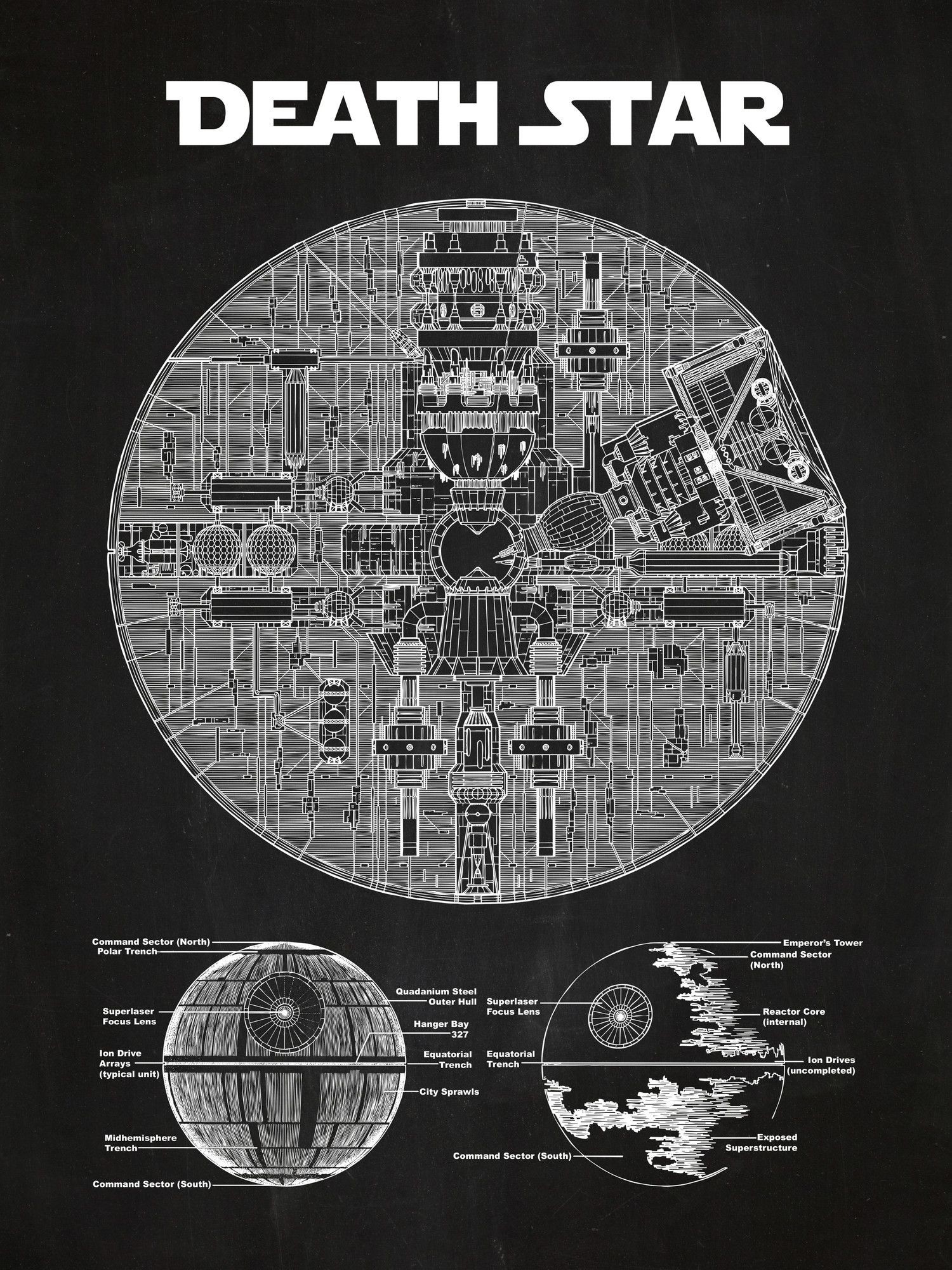 Star Wars Death Star Blueprint Graphic Art Poster in Chalkboard / White Ink