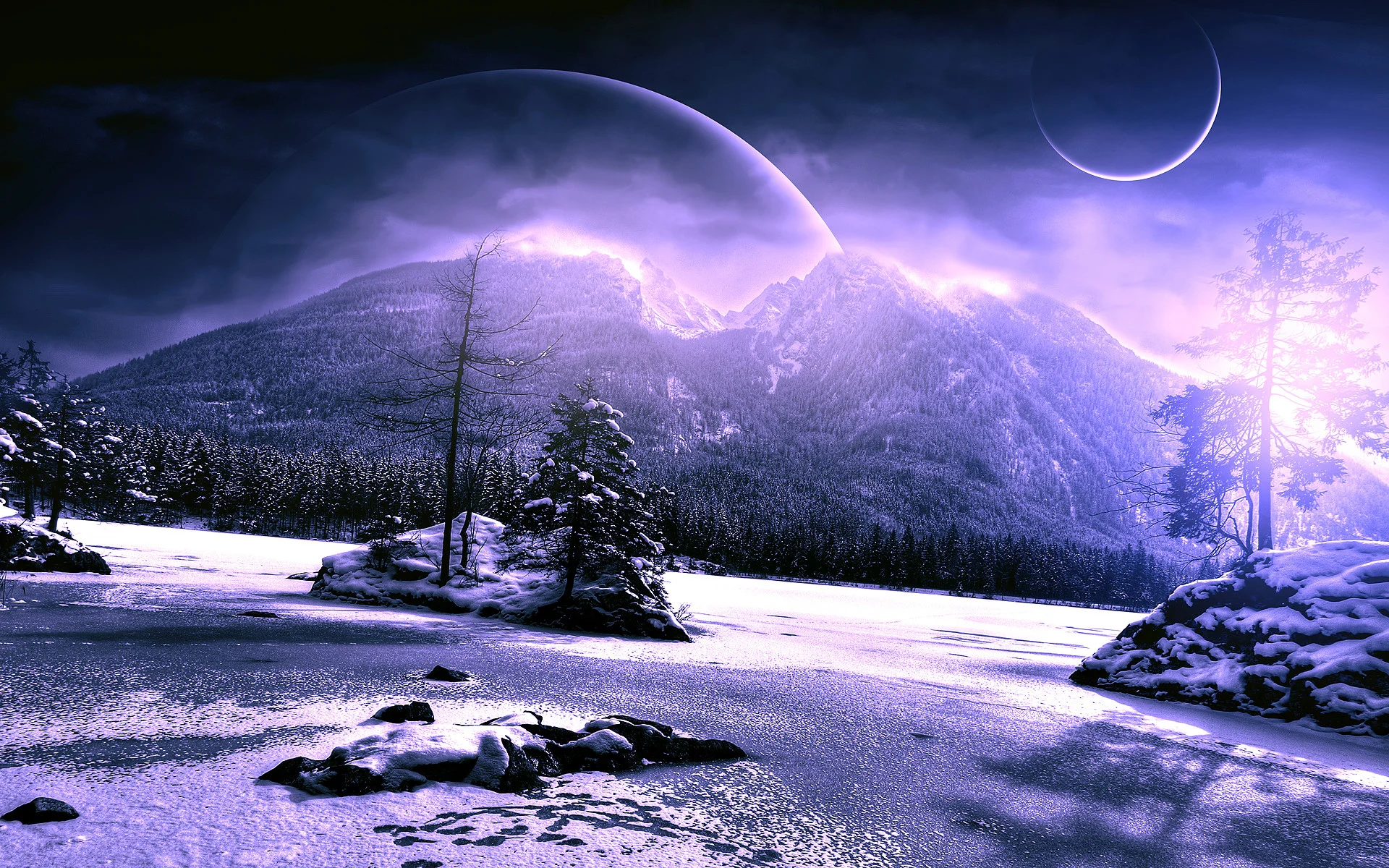 Snow Winter Trees Mountains Alien Landscape Planets Purple HD wallpaper  thumb