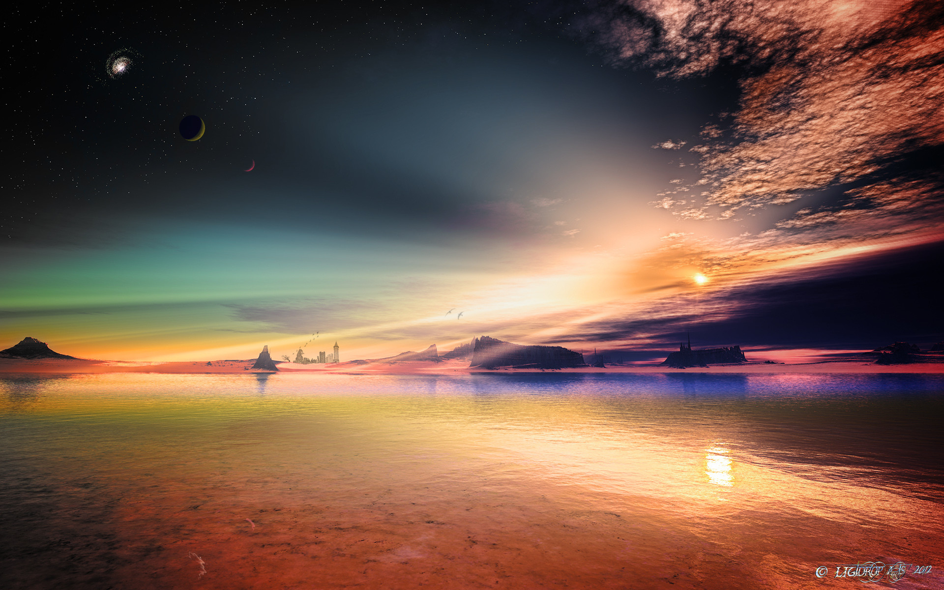 Art alien planet rocks sky stars lakeslandscape reflection sunset castle wallpaper 72035 WallpaperUP
