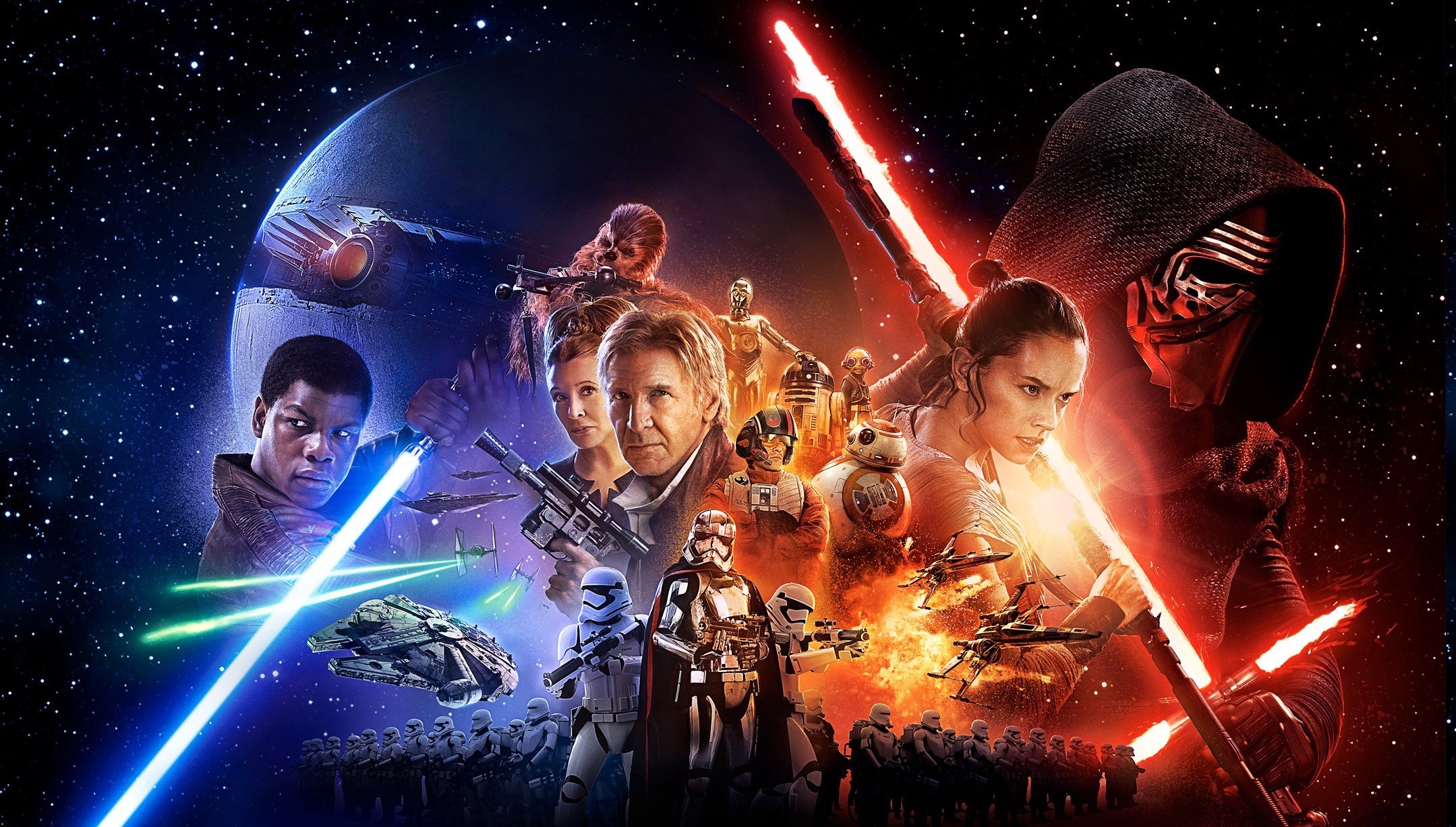 Star Wars, Star Wars Episode VII The Force Awakens, Kylo Ren, Han Solo, BB 8, Chewbacca, Captain Phasma, R2 D2, C 3PO, Luke Skywalker, Stormtrooper,