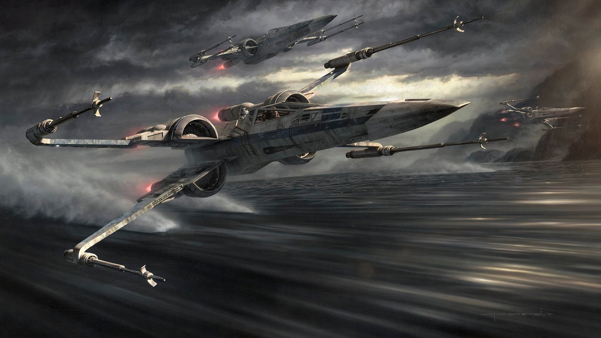 Star Wars The Force Awakens inspired lithograph print, Incom Tearin It Up by Jerry Vanderstelt featuring the X Wing fighter in action