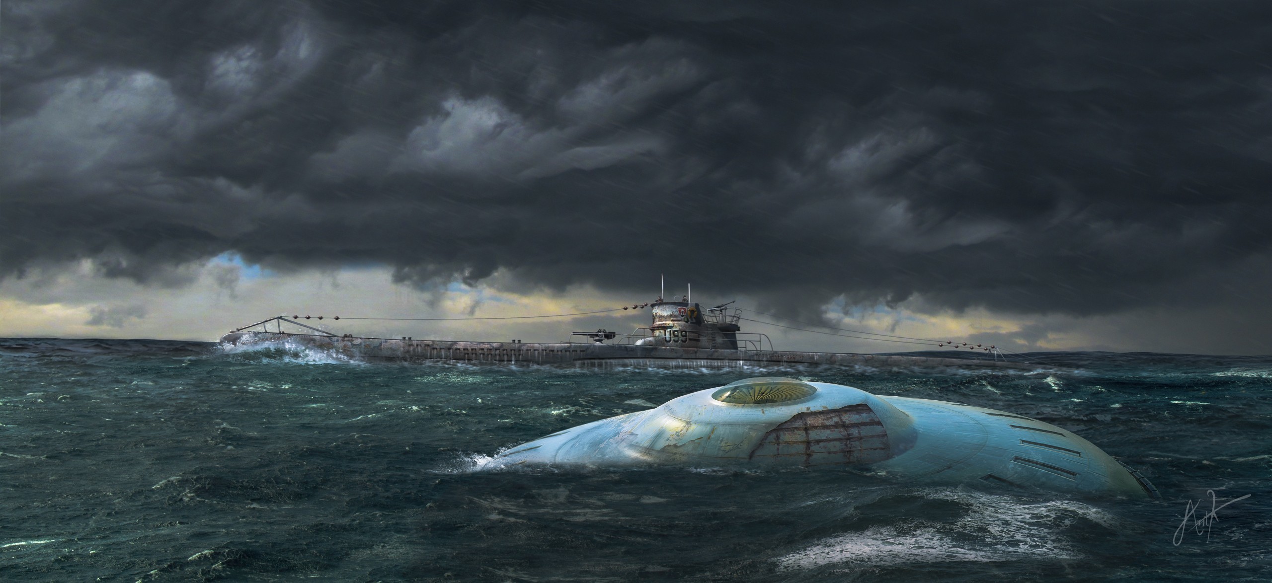 Artwork, UFO, Submarine Wallpaper HD