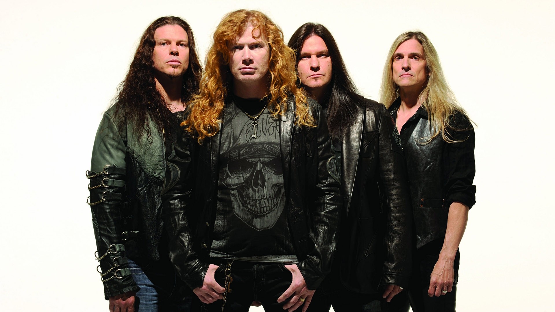 Preview wallpaper megadeth, hair, jackets, skull, chains 1920×1080