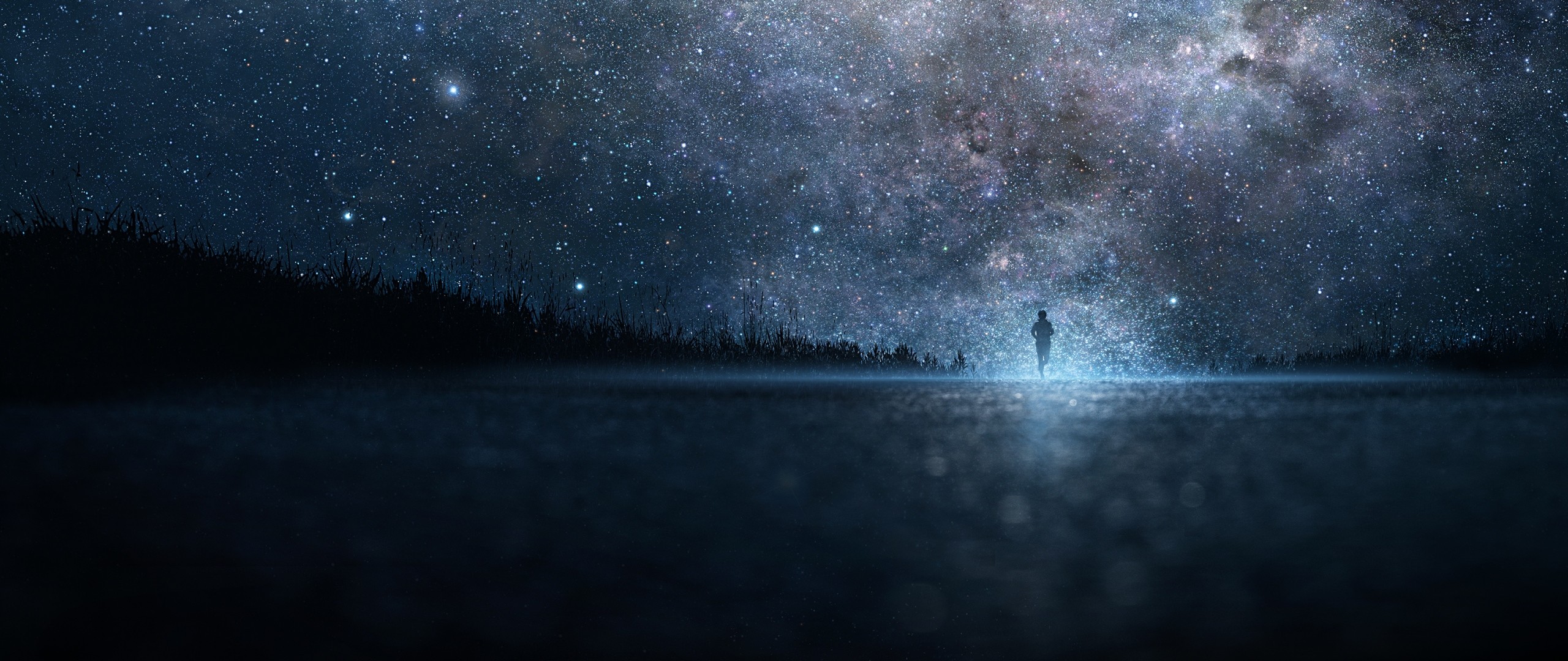 Preview wallpaper star, art, sky, night, people, silhouette 2560×1080