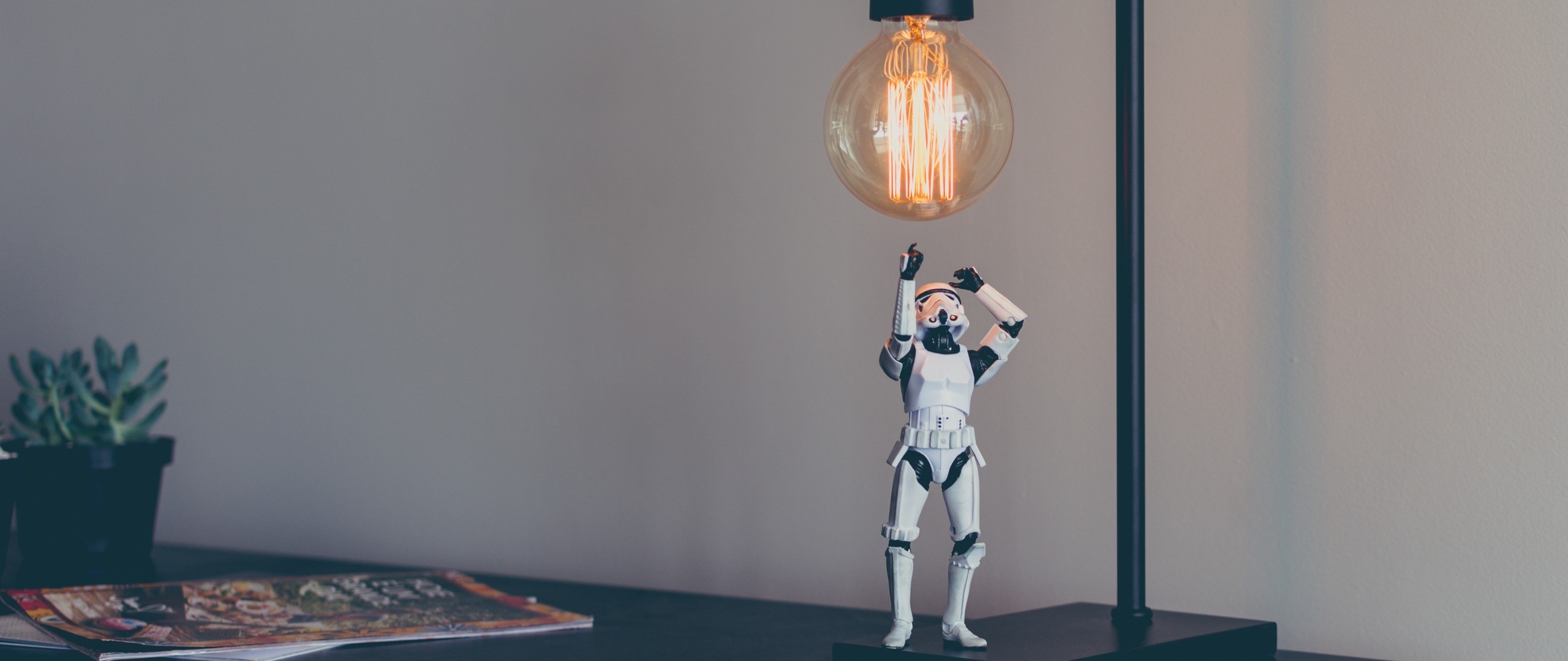 Preview wallpaper stormtrooper, star wars, lamp, toy 2560×1080