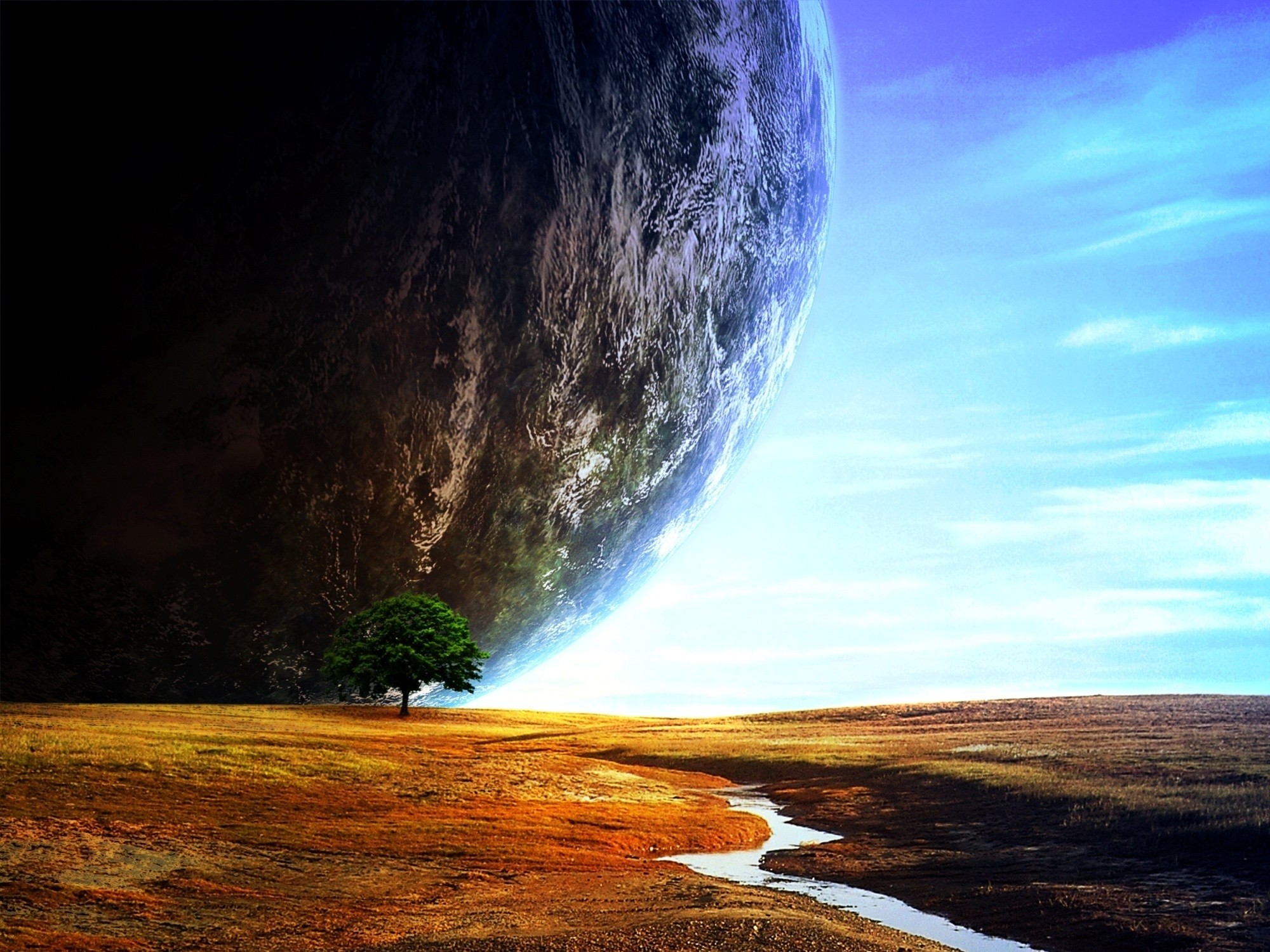 Planets sci-fi space nature trees landscapes cg digtal art stream sky  clouds wallpaper |