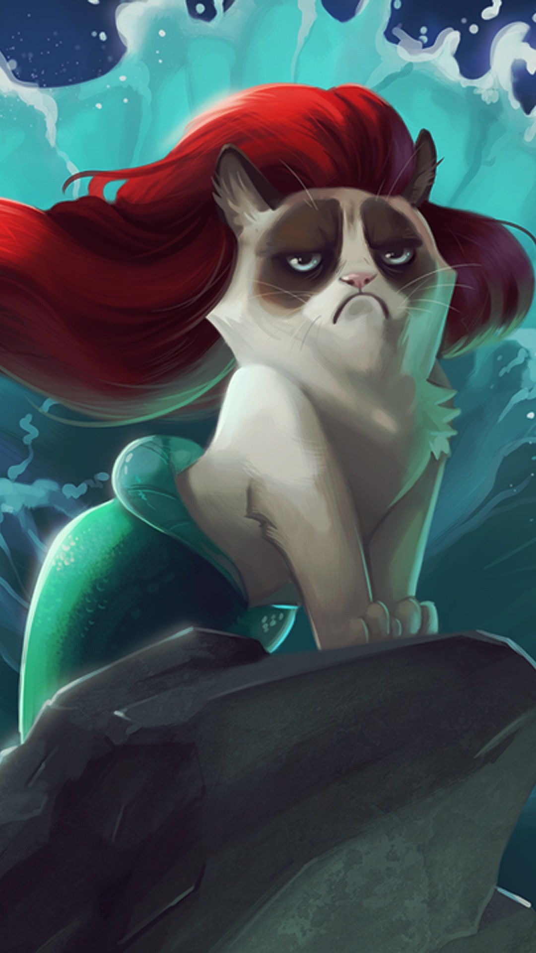 Preview wallpaper cat, mermaid, cartoon, grumpy cat 1080×1920